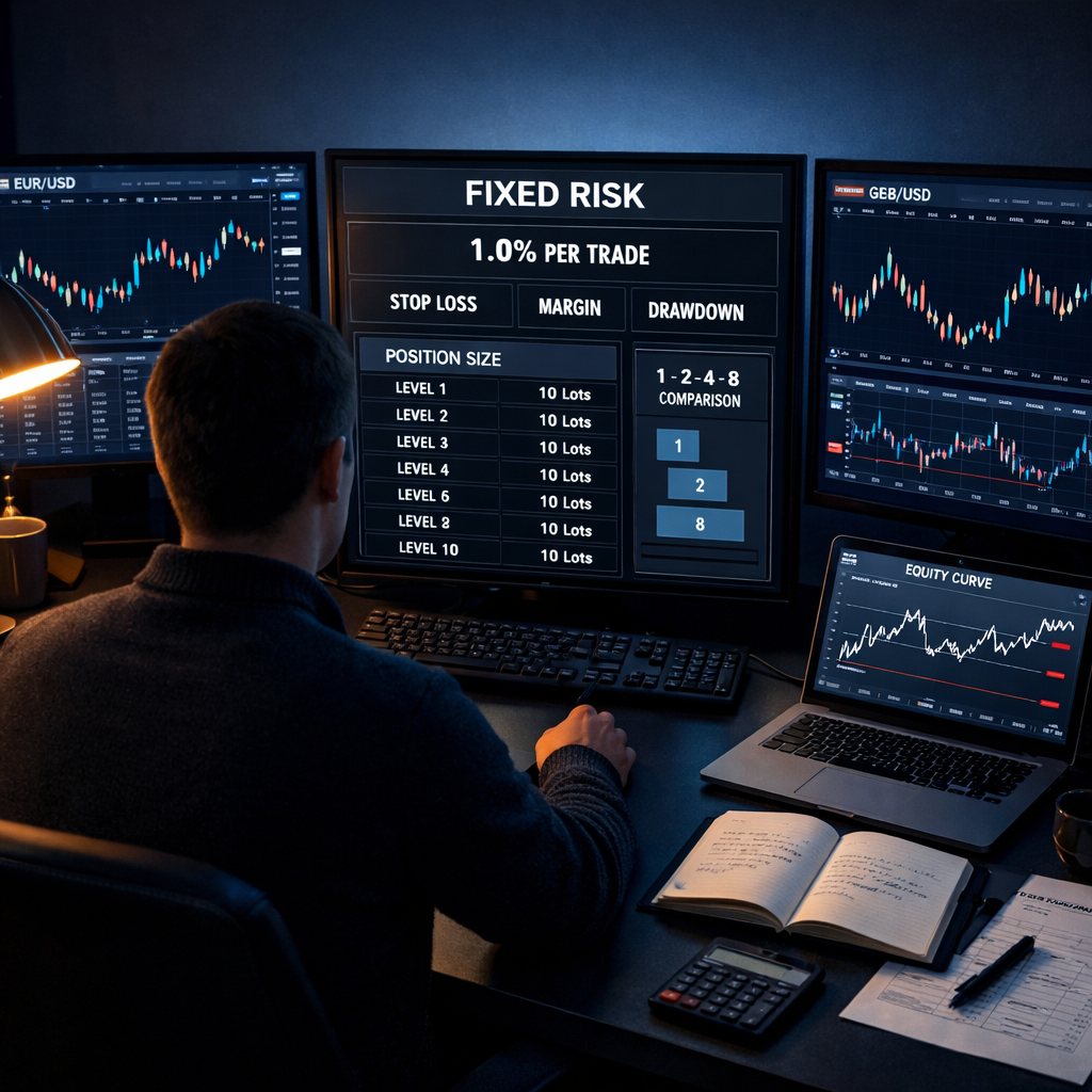 Faceless trader in a night office studies fixed-risk forex charts and martingale forex strategy notes on glowing monitors.