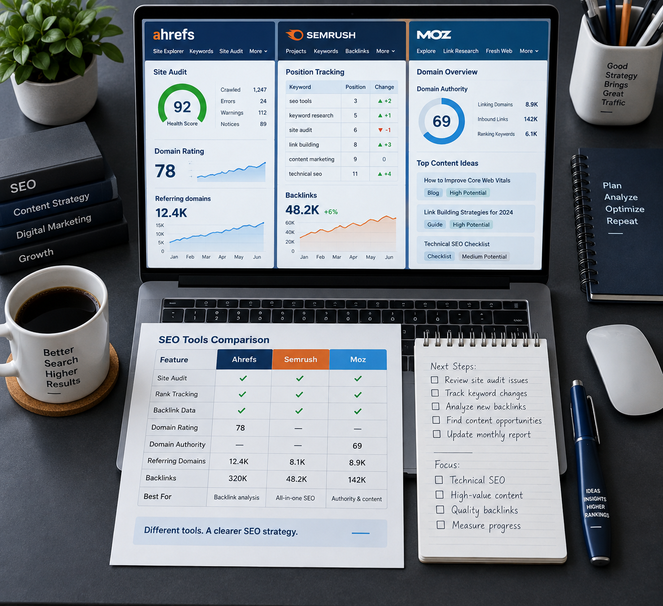 Flat lay of an SEO analyst’s desk with Ahrefs, Semrush, and Moz dashboards, comparison notes, and a pen; “moz vs ahrefs vs semrush” in focus.
