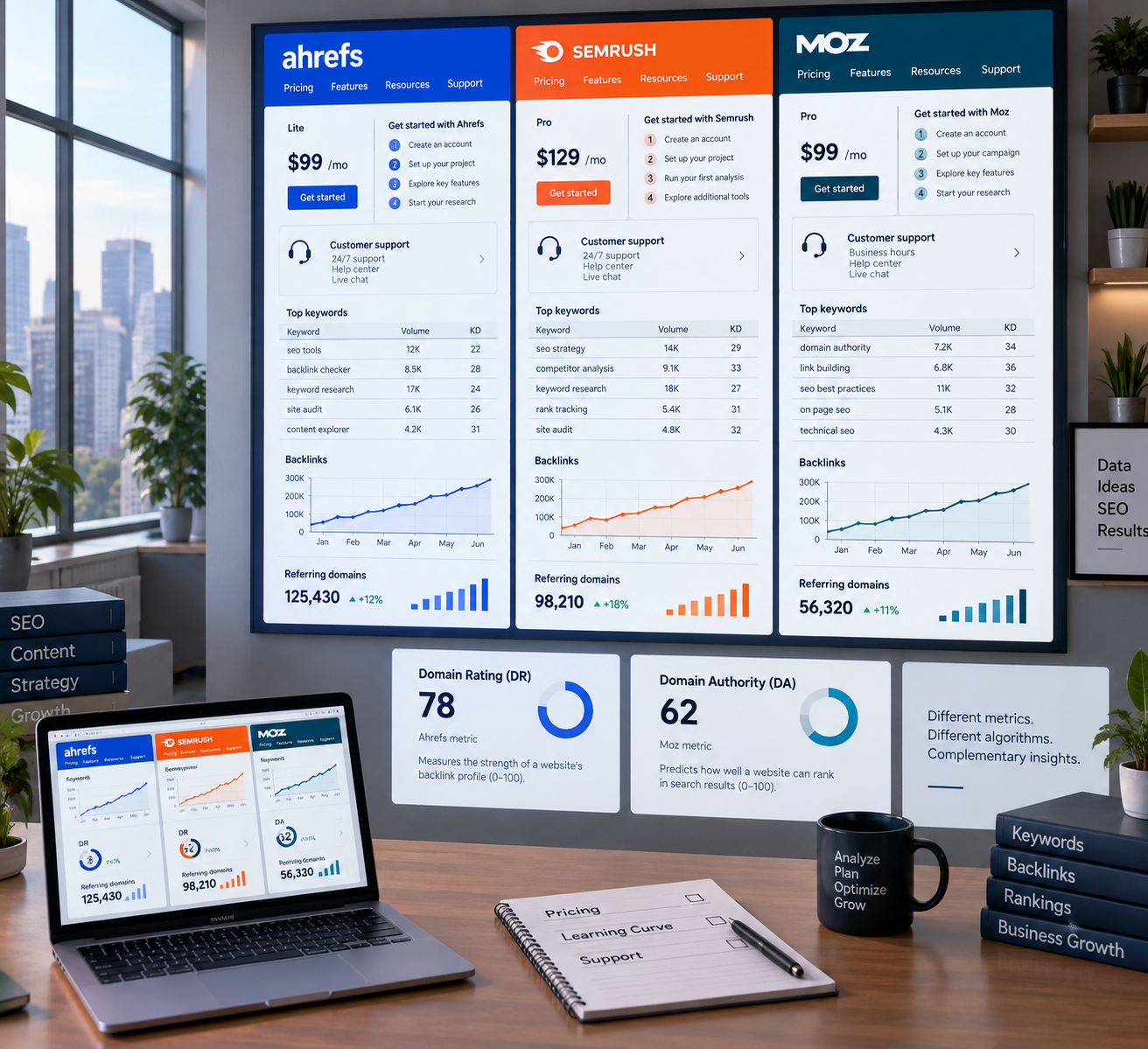 SEO workspace comparing Ahrefs, Semrush, and Moz pricing, learning curves, and support, with keyword data and separate DR and DA metrics; moz vs ahrefs vs semrush