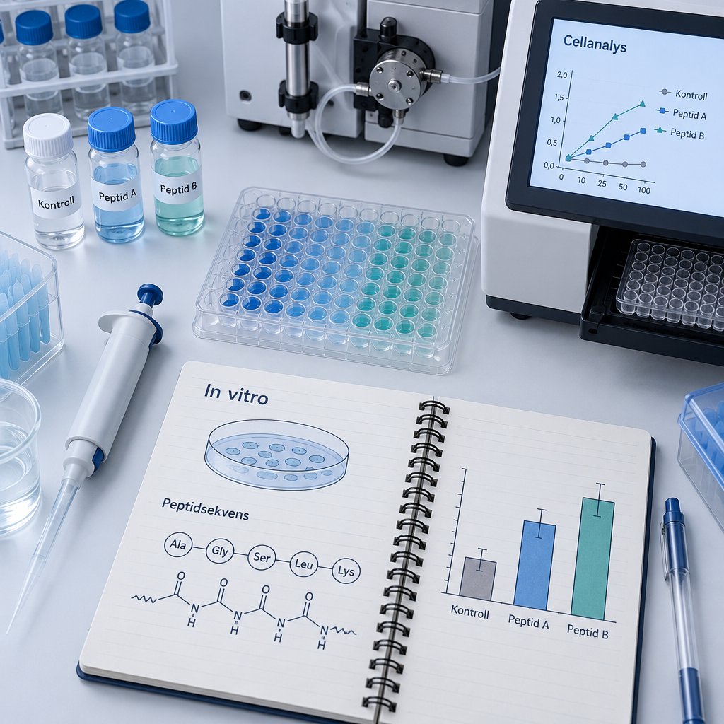 Överblick av in vitro-peptidtest med cellplatta, provrör och analysutrustning; vad är peptides? Cellanalys och peptidsekvens i fokus.