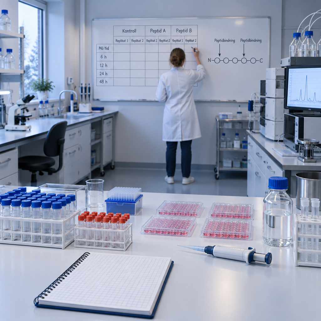 Forskare planerar kontroll- och peptidförsök på whiteboard i ett modernt labb; vad är peptides visas som en jämförelseplan.
