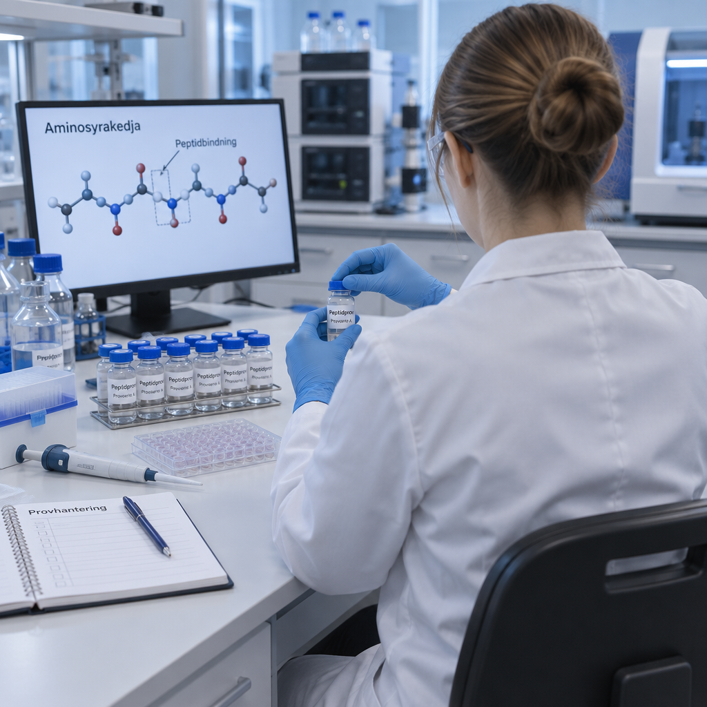 Forskare stänger ett peptidprov vid en ordnad provrack; skärmen visar en aminosyrakedja, med ämnet ”vad är peptides”.