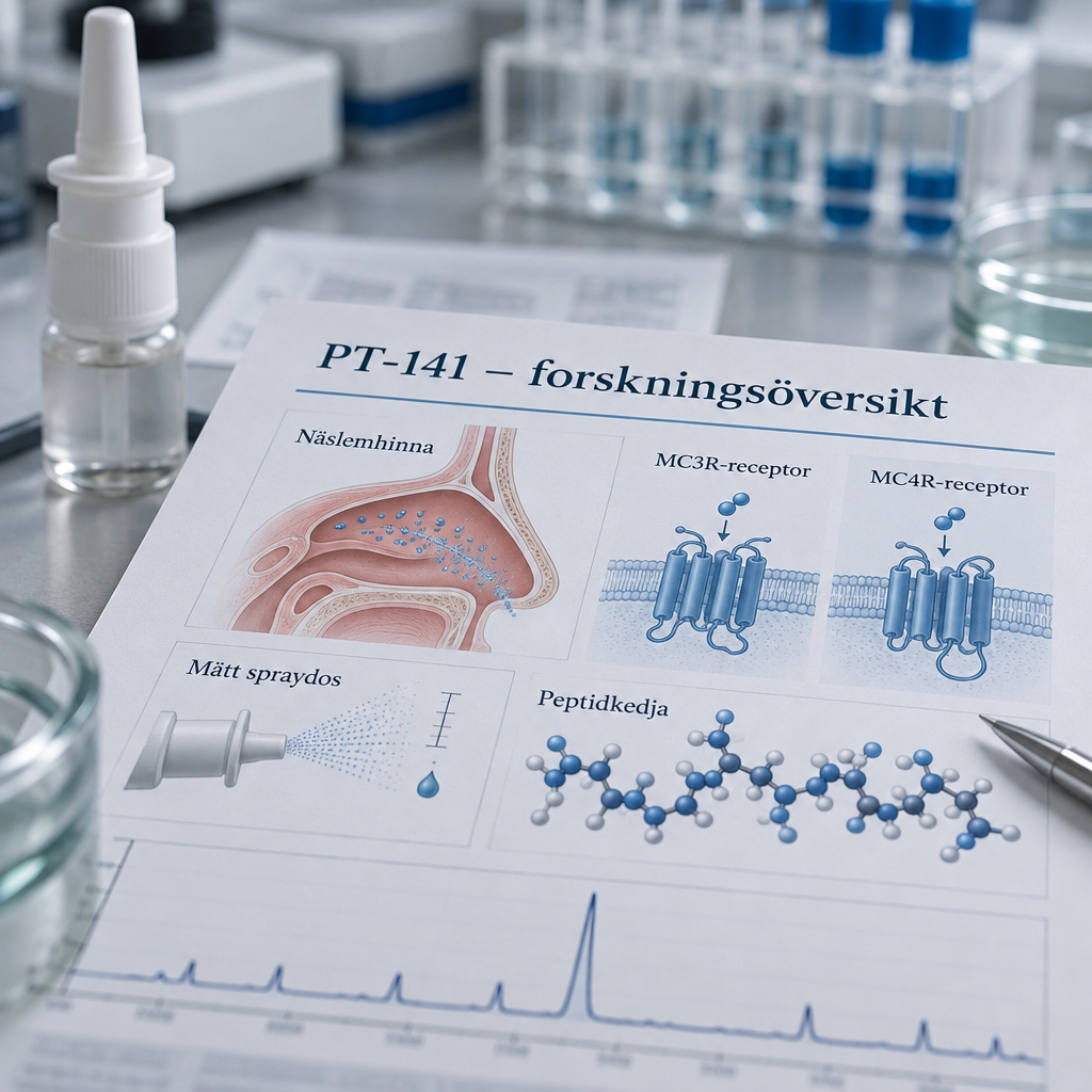 Forskningsblad om PT-141, nässlemhinna, MC3R/MC4R och peptidkedja; pt-141 peptide nasal spray for men syns suddigt i bakgrunden.