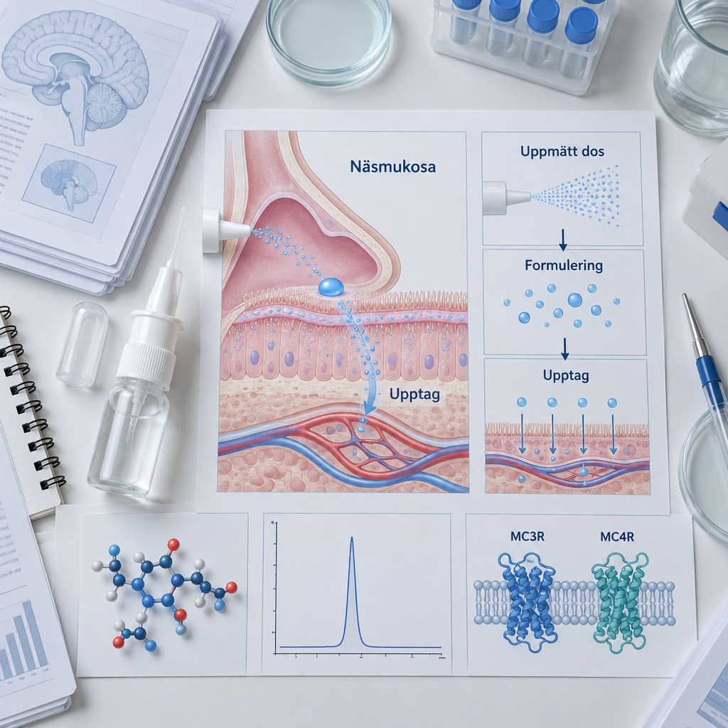 Översikt av näsmukosa, uppmätt dos och varierande upptag, med HPLC-kromatogram, receptorer och pt-141 peptide nasal spray for men.