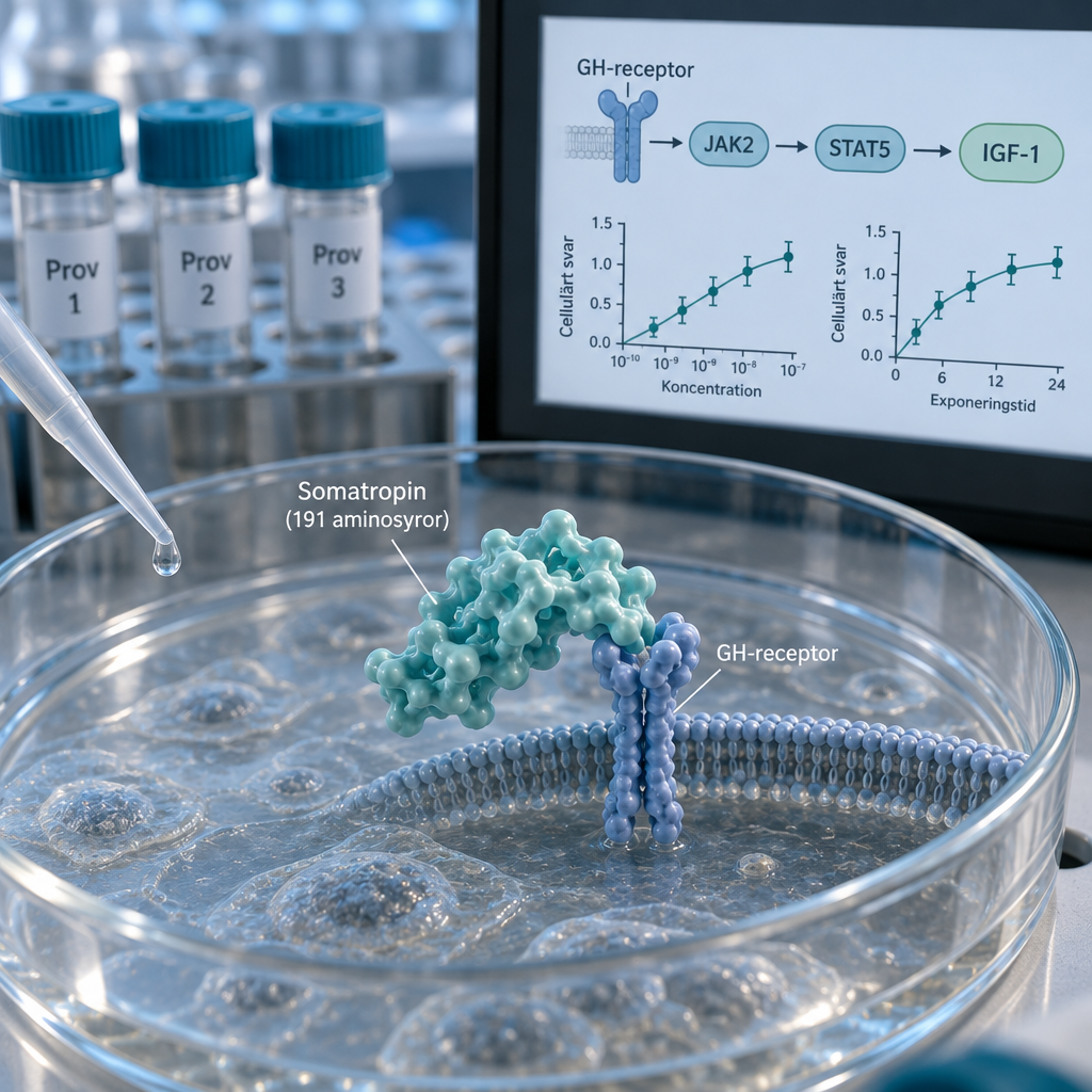 Makrobild av somatropinprotein och cellreceptor i laboratorium, med signalväg och celldata; hgh tillväxthormon.