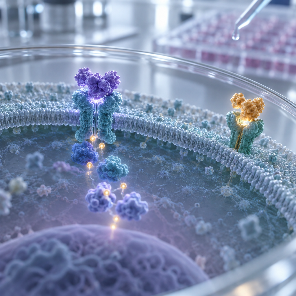 Makrobild av tillväxthormoner: violett GH bundet till membranreceptor, med JAK2, STAT5 och separat bärnstensfärgat IGF‑1.