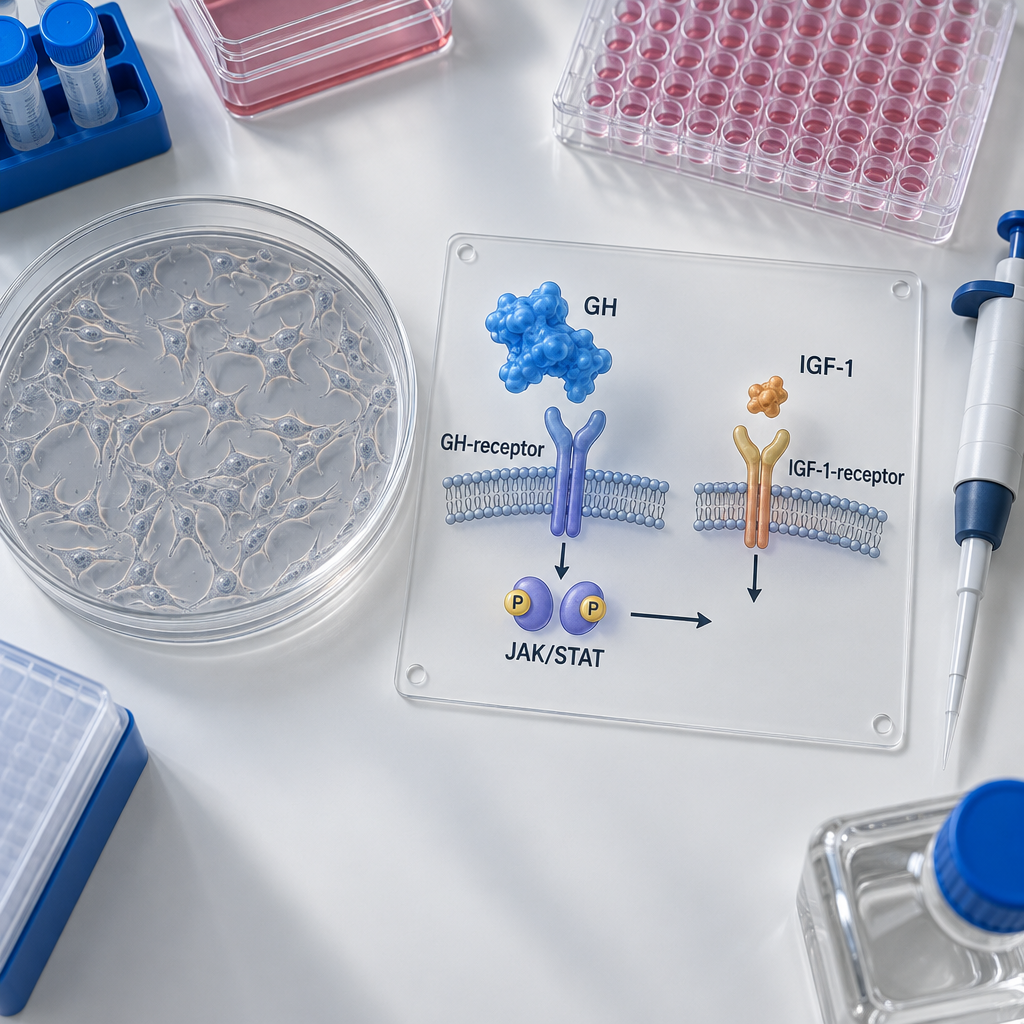 Cellodlingsskål och signalväg med blått GH och mindre bärnstensfärgat IGF-1, märkt med tillväxt hormoner, GH-receptor, JAK/STAT och IGF-1-receptor.