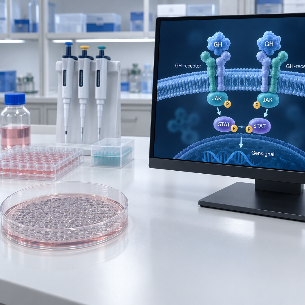 Cellodlingsskål och pipetter på en laboratoriebänk, intill en skärm med GH-receptorer och signalväg för tillväxt hormoner.