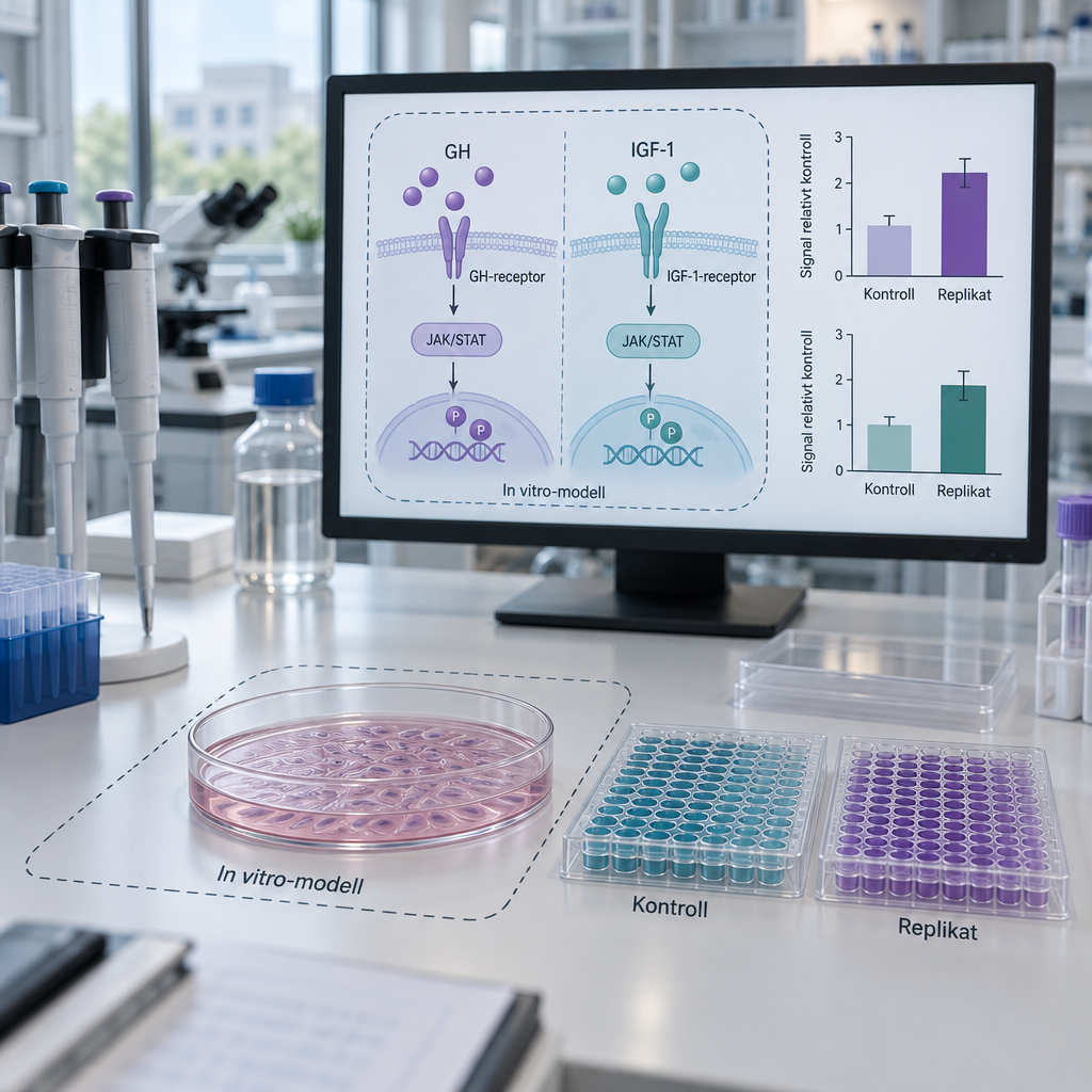 Cellodlingsskålar och jämförande analysplattor bredvid GH- och IGF-1-signalvägar; tillväxt hormoner i en tydligt avgränsad in vitro-modell.
