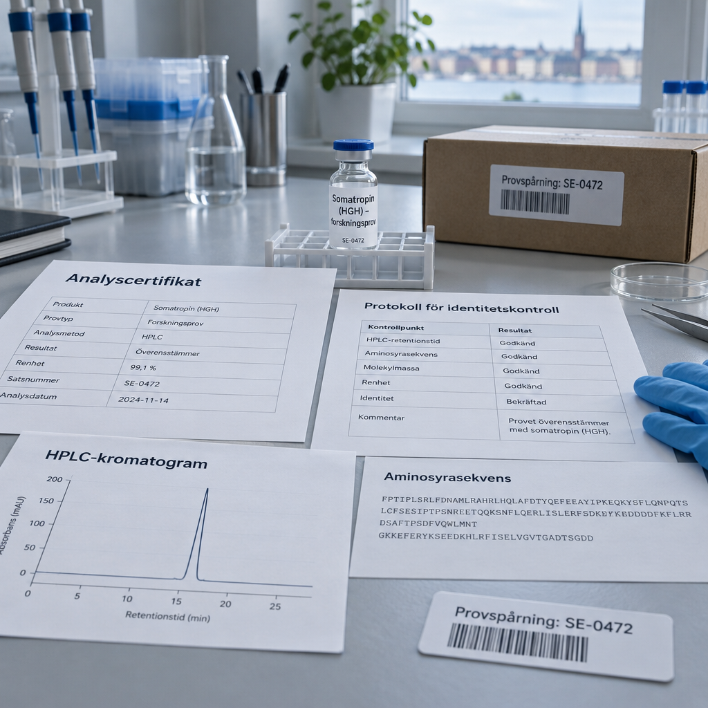 Forskningsprov med somatropin, analyscertifikat och HPLC-kromatogram på ett svenskt labb; spårbarhet för hgh buy.