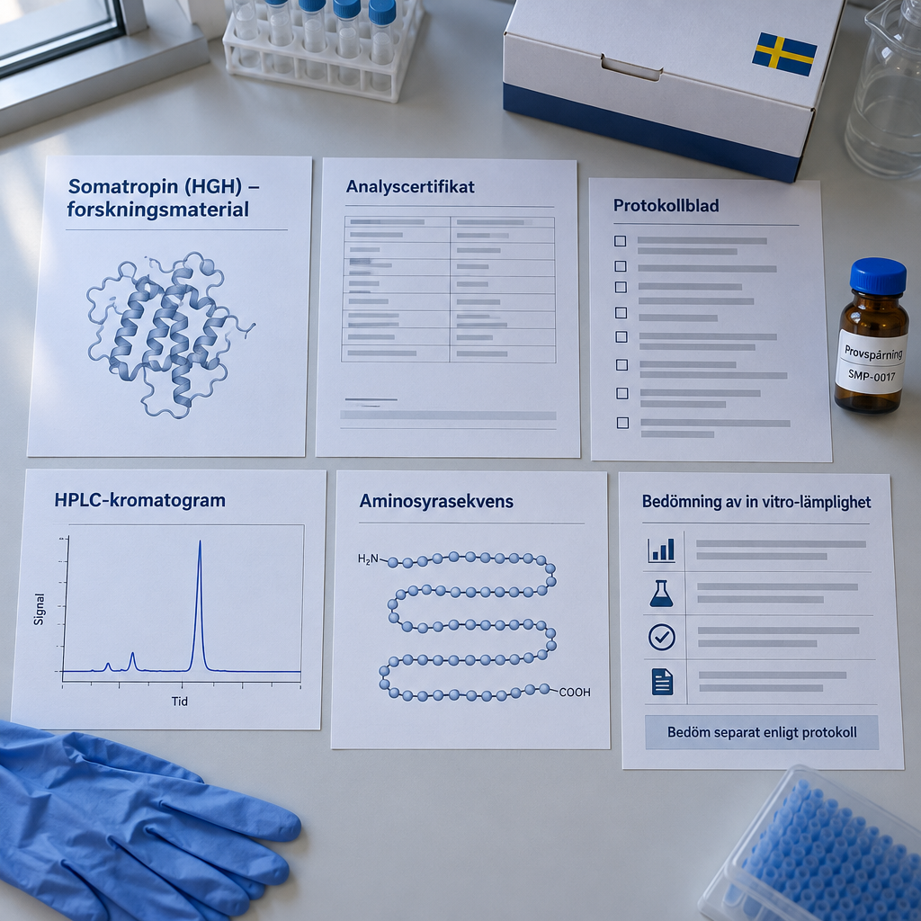 Översikt av somatropin-dokumentation, HPLC-kromatogram och provspårat vialprov på laboratoriebänk; forskningsmaterial, ej hgh buy.
