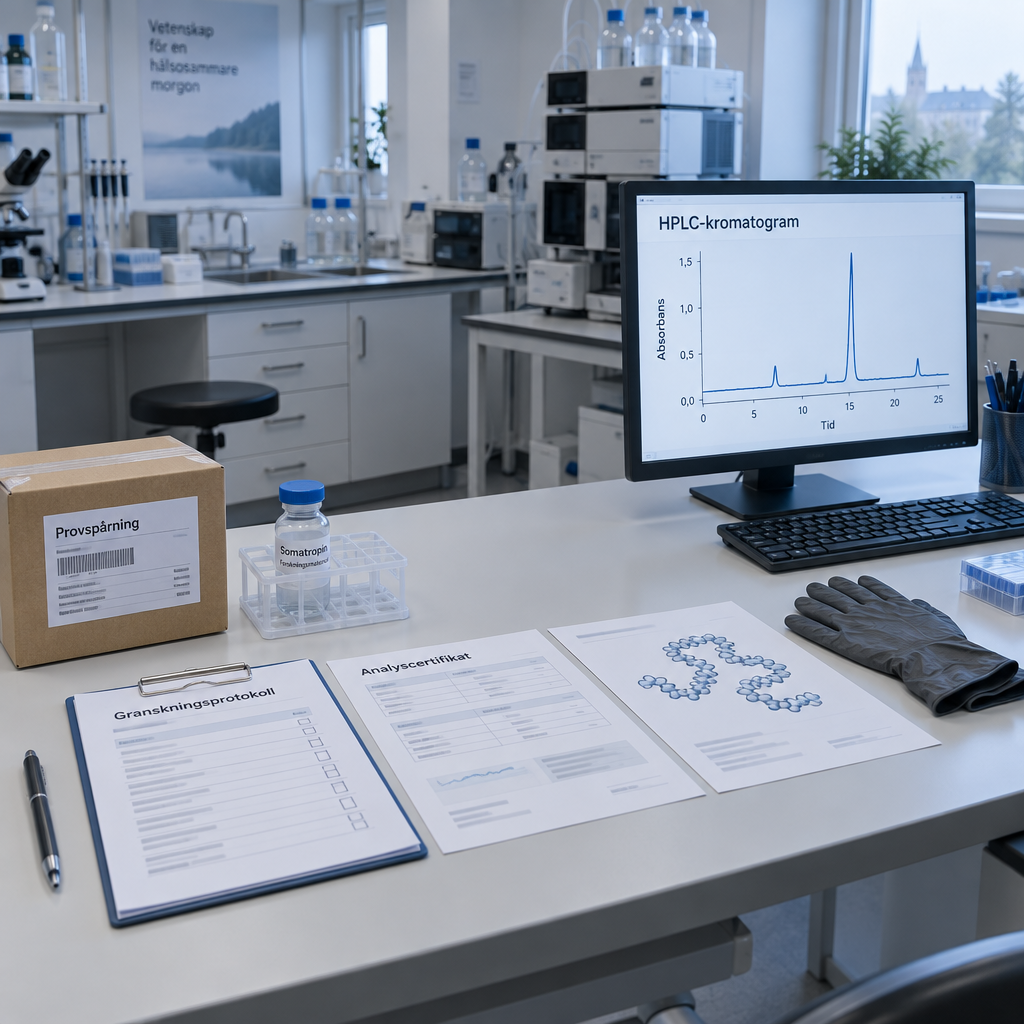 Svenskt forskningslaboratorium med provspårning, Somatropin-vial, granskningsprotokoll, analyscertifikat och HPLC-kromatogram; hgh buy nämns ej.