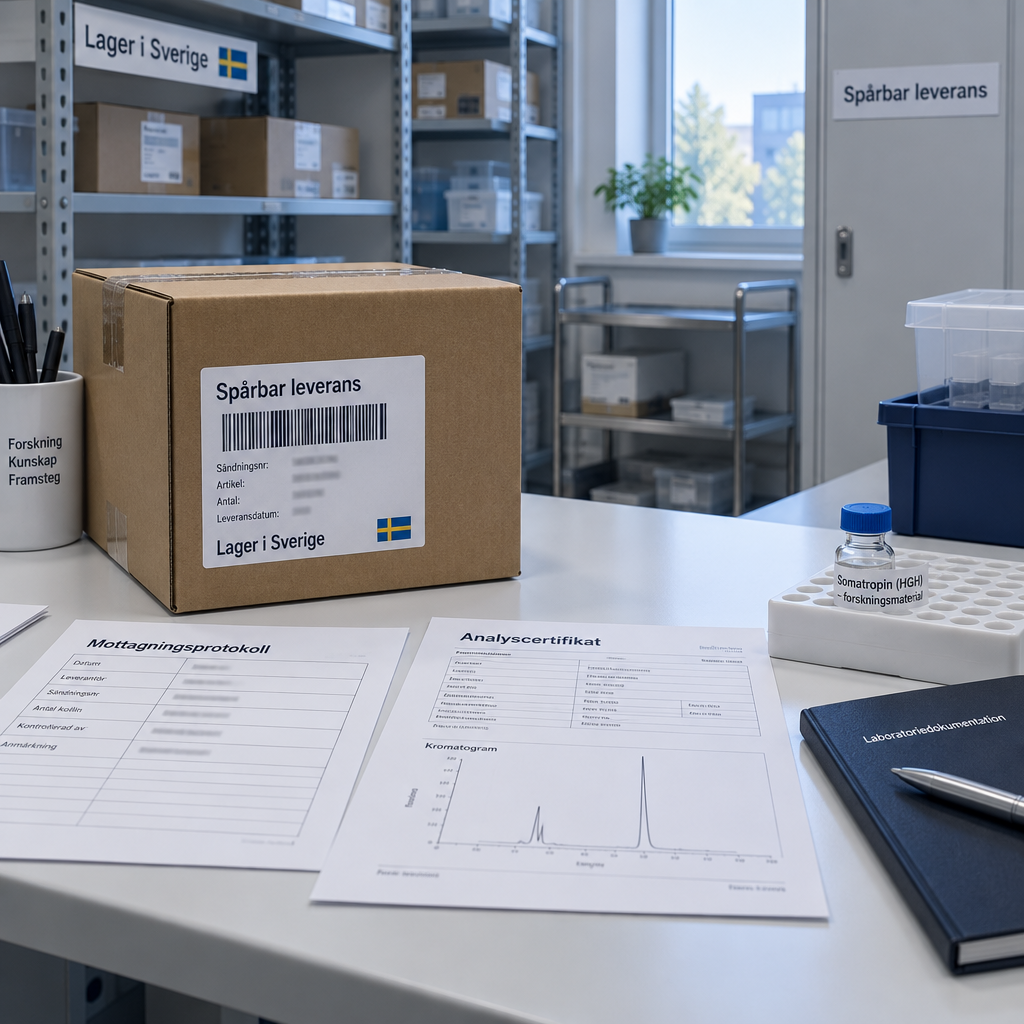 Svenskt forskningslager med spårbar leverans, analyscertifikat och märkt HGH-prov; hgh buy nämns på dokumenten.