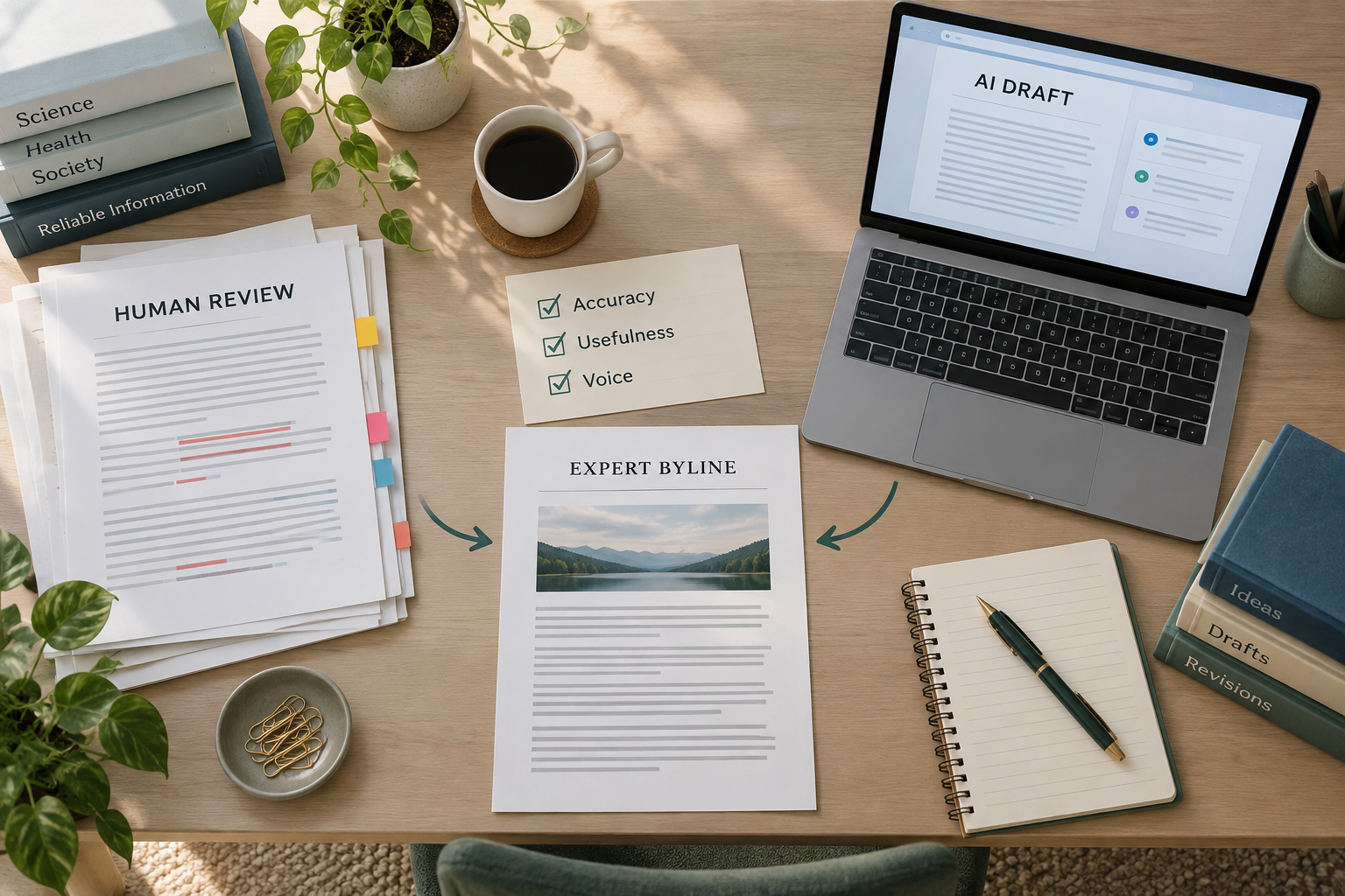 Editorial desk showing human review and an AI draft converging on an expert byline, illustrating an ai ghostwriter workflow.