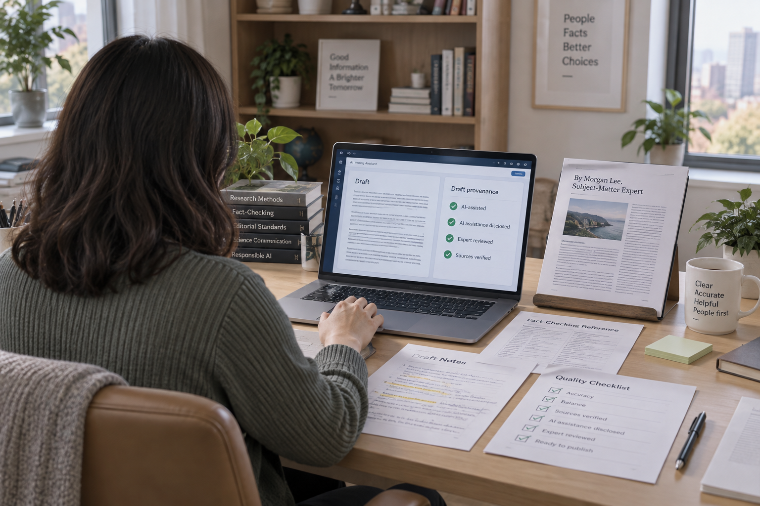 Editor reviews AI-assisted draft with verified sources, a transparent provenance panel, and an expert byline; ai ghostwriter workflow.