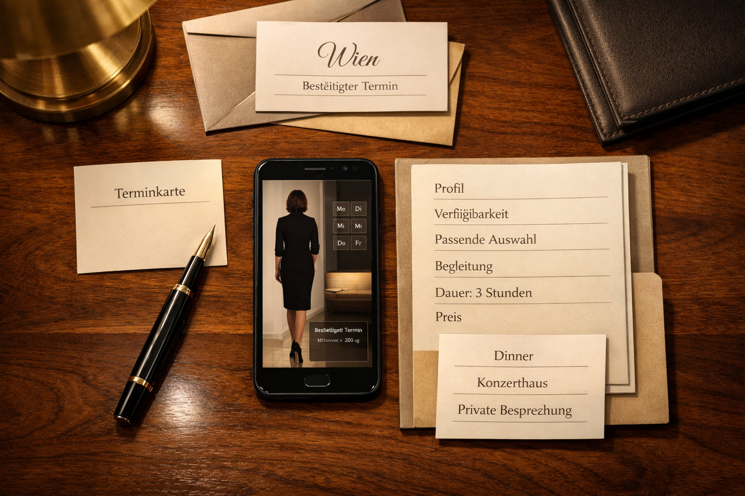 Premium escort service Vienna: Flatlay mit Smartphone-Profil, Terminplan, Auswahlkarten und Wiener Abendunterlagen auf elegantem Walnussholz.