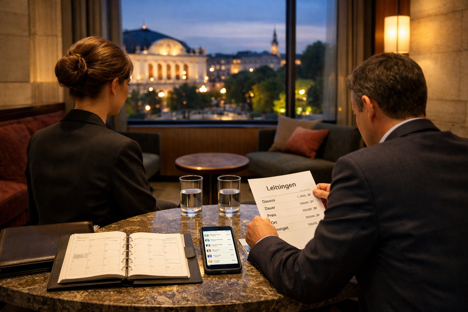 Premium escort service Vienna: Beratung mit Kalender und Leistungsübersicht in einer eleganten Hotellounge mit Blick auf das Konzerthaus.