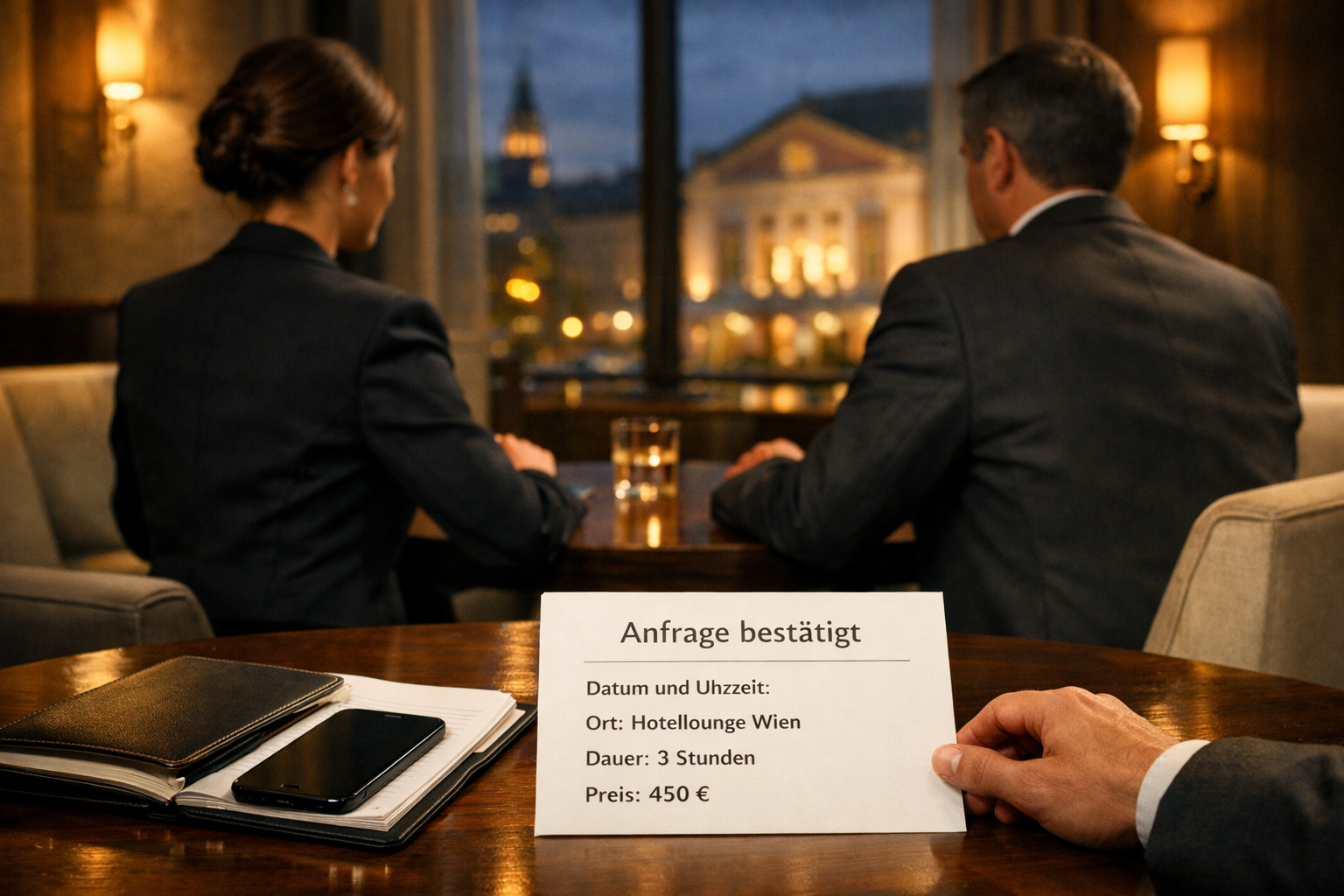 Premium escort service Vienna: Diskrete Hotel-Lounge, zwei Erwachsene im Profil, Terminbestätigung und Planner auf dem Tisch.