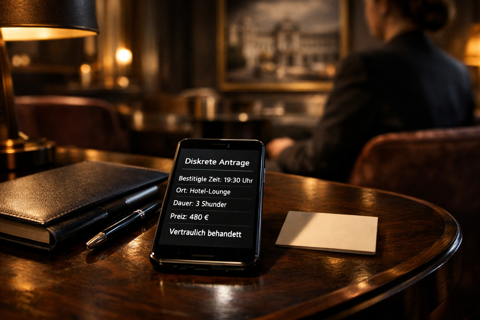 Premium escort service Vienna: Smartphone mit diskreter Terminbestätigung auf elegantem Hotel-Loungetisch in Wien.