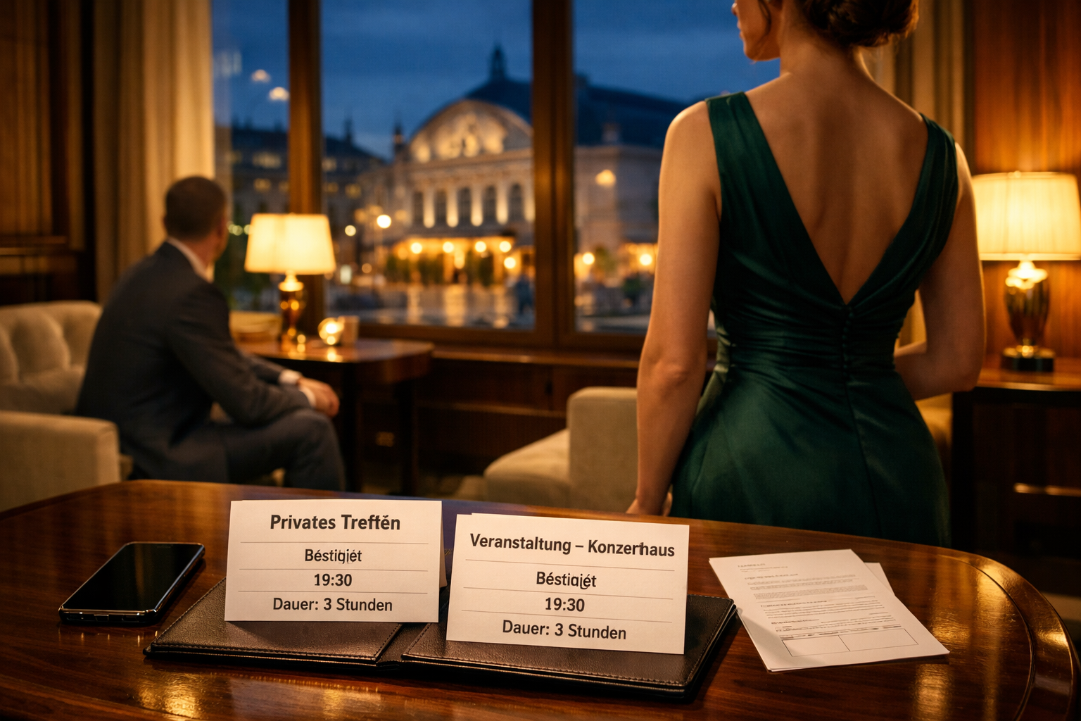 Premium escort service Vienna: Elegante Frau neben Terminplan, Kunde im Hotel-Loungegespräch und Konzerthaus-Blick.