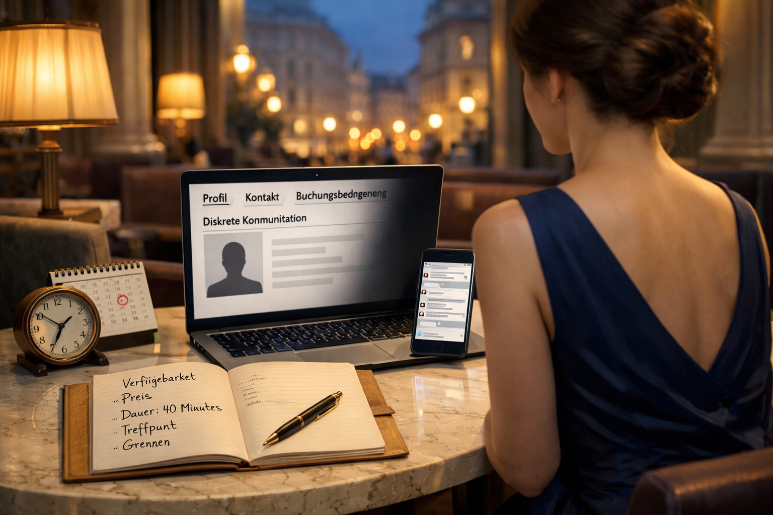 Discreet luxury escort in Vienna: Frau prüft anonymes Profil, Nachrichten und Termindetails am Laptop in einer Hotellounge.
