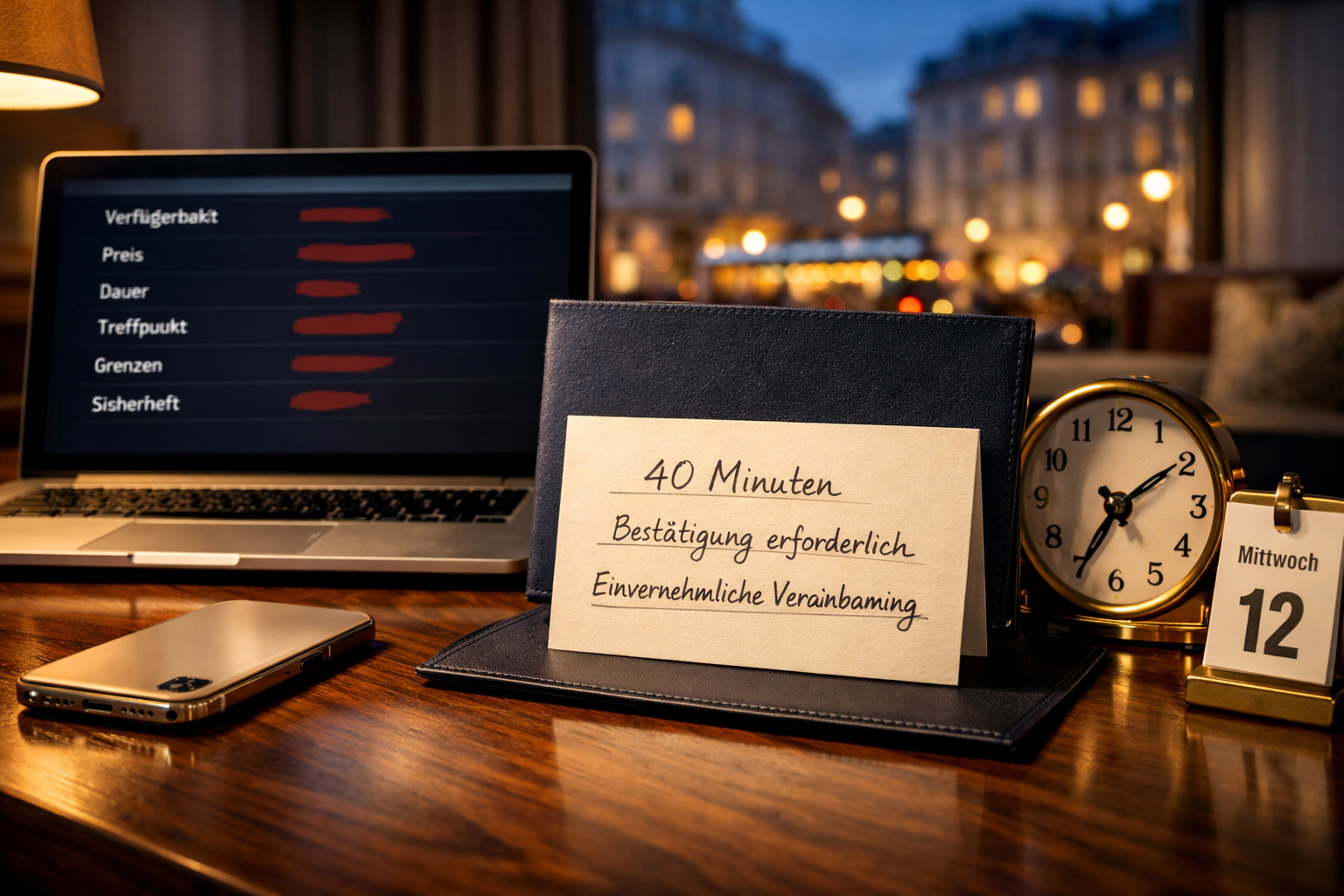 Discrete luxury escort in Vienna: Smartphone, Laptop und Terminunterlagen mit Verfügbarkeit, Grenzen und Sicherheit am Hotel-Loungetisch.