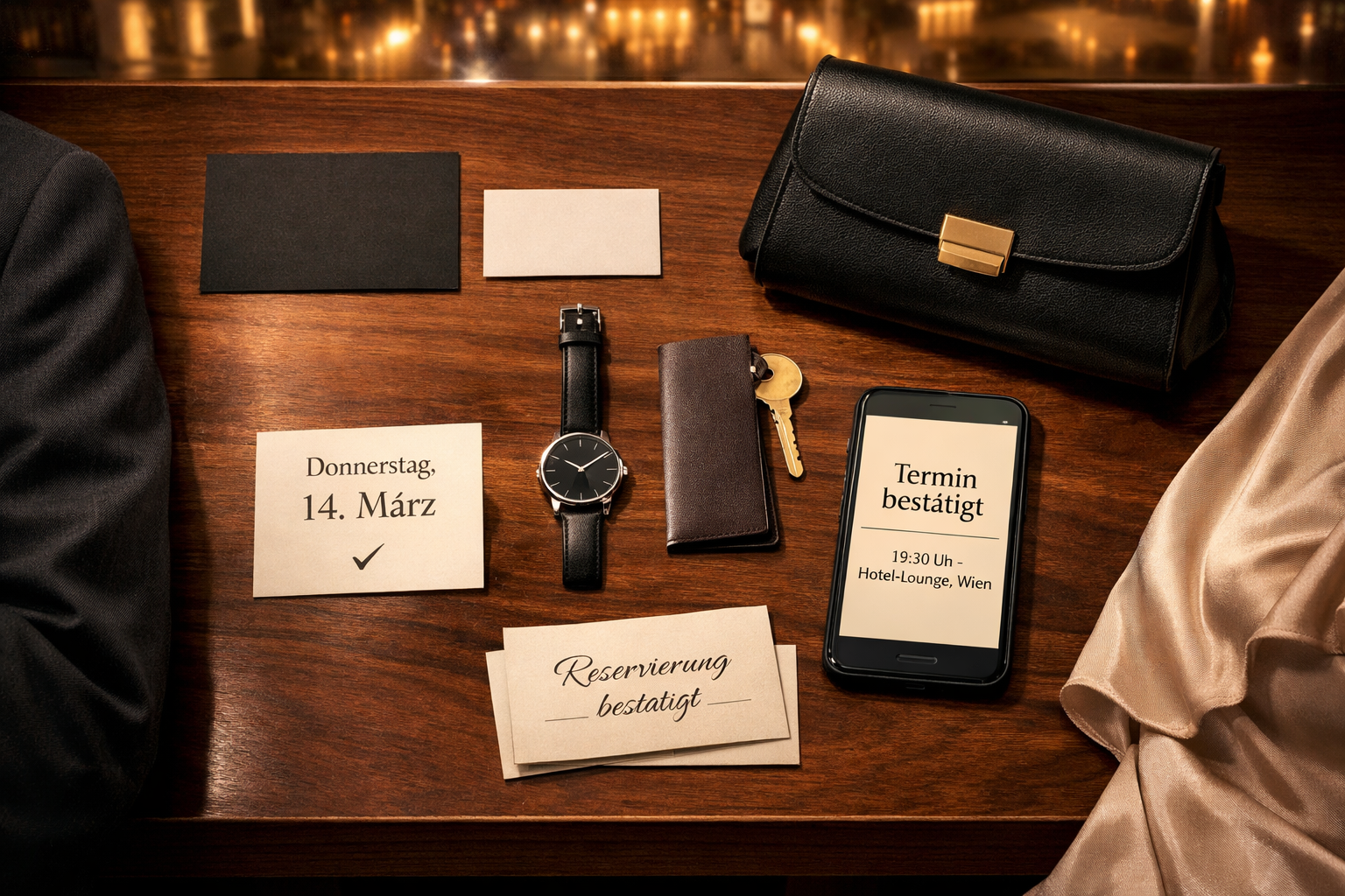 Flache Hotel-Lounge-Szene in Wien mit Terminbestätigung, Kalender und Accessoires; Ihre high class escort bleibt anonym.