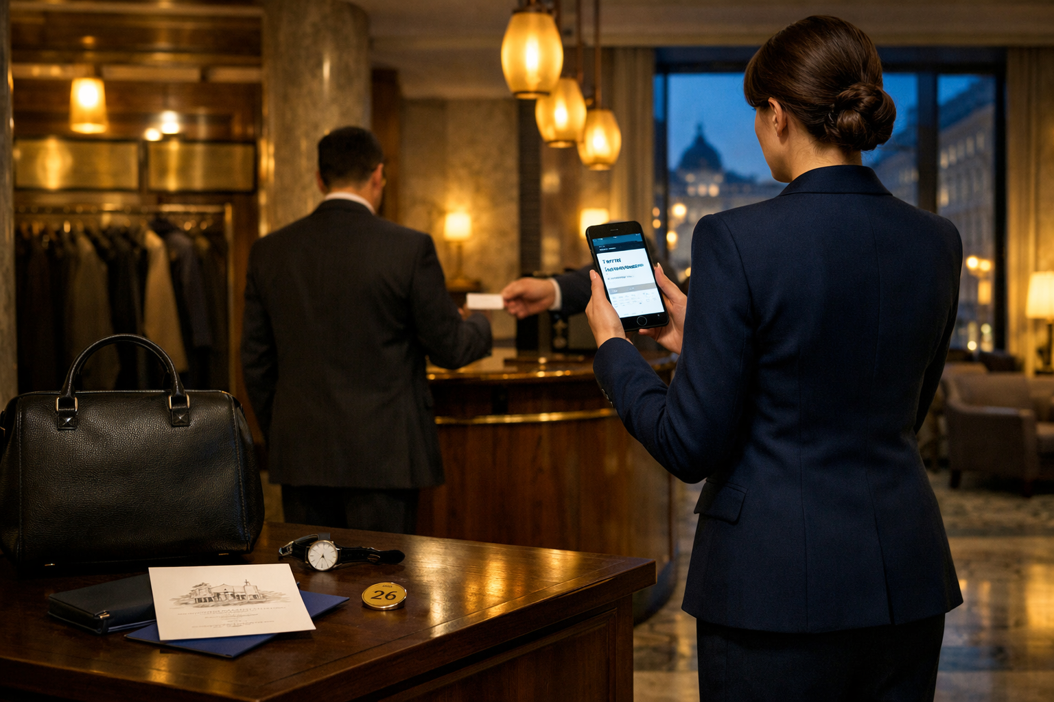 Elegante Wiener Hotellobby: Frau prüft Termin „Bestätigt“, dezenter Gast erhält Visitenkarte – Ihre high class escort.