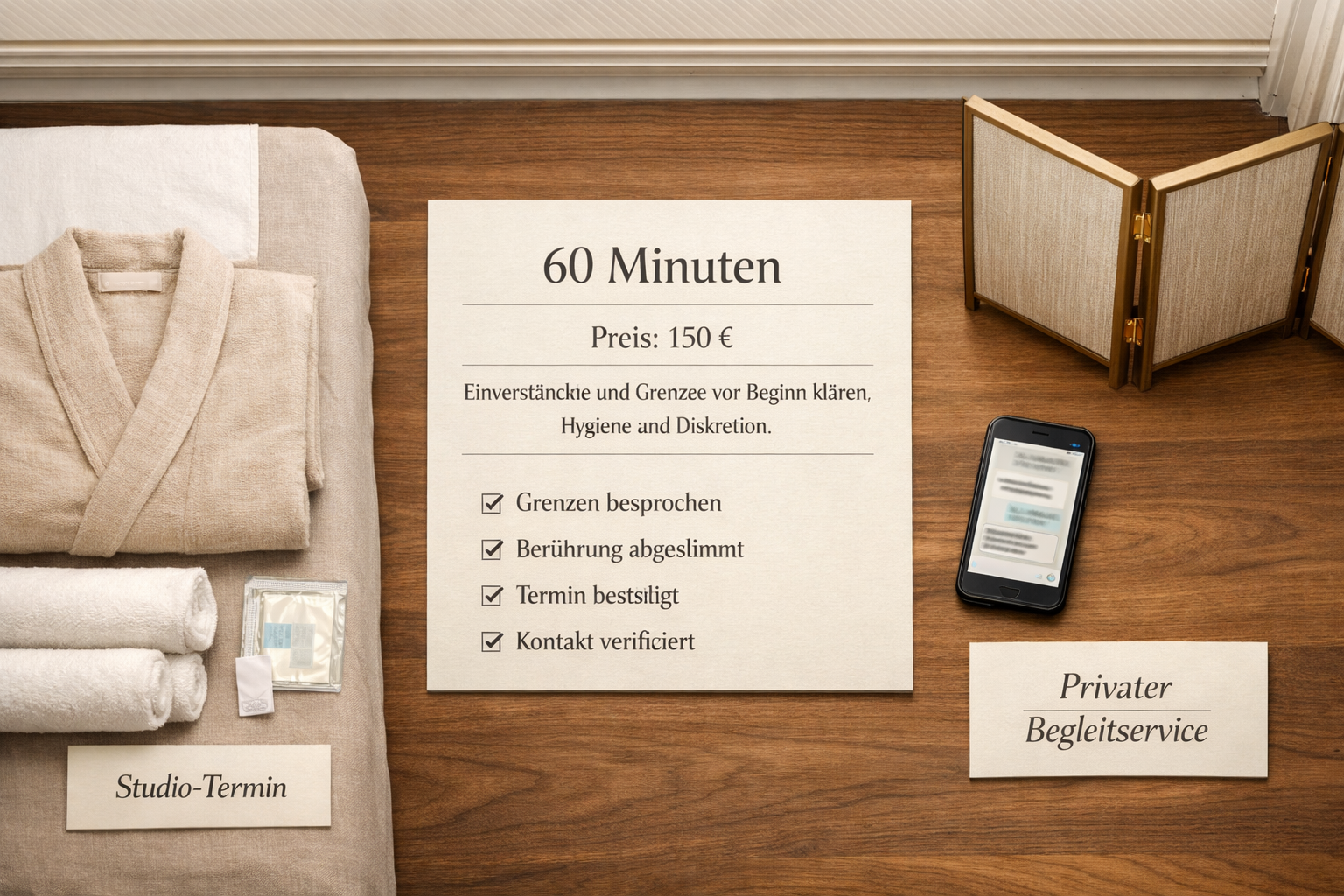Flatlay eines Wiener Wellnessstudios mit Optionen „Studio-Termin“ und „Privater Begleitservice“, Checkliste und Hinweis „Erotische massage“.