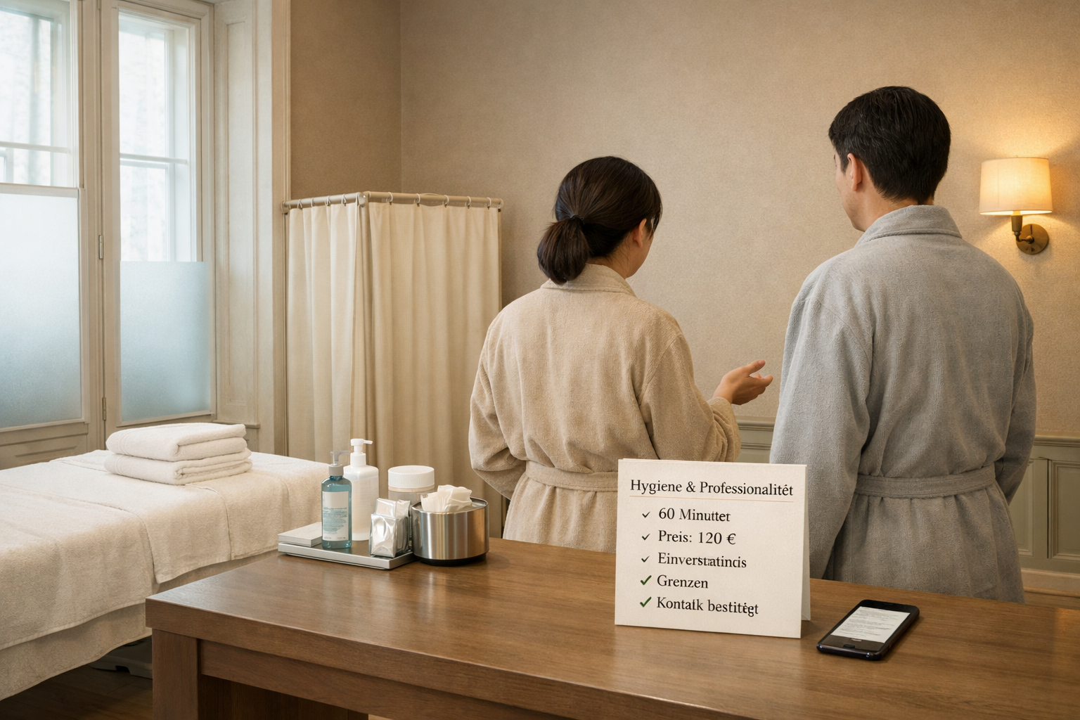 Wellnessstudio in Wien mit bekleideten Personen, Hygieneartikeln und Infokarte „Erotische massage“ zu Einverständnis und Grenzen.