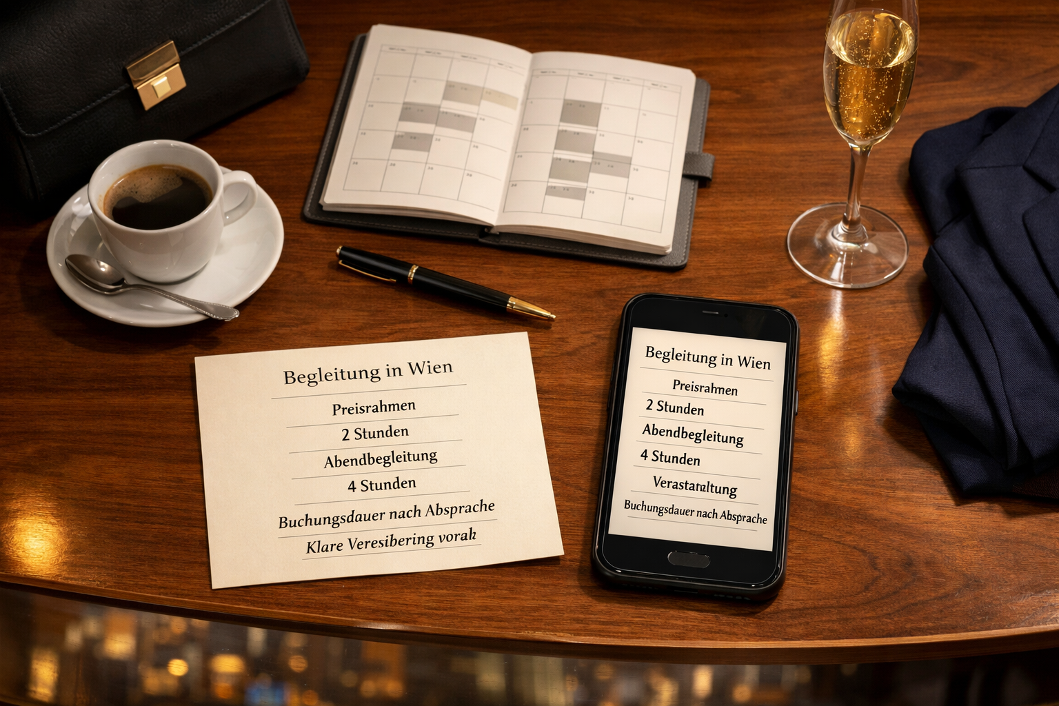Exklusive Escort Wien Begleitung: Terminplaner, Smartphone und Karte mit diskreten Buchungsangaben auf elegantem Hoteltisch.