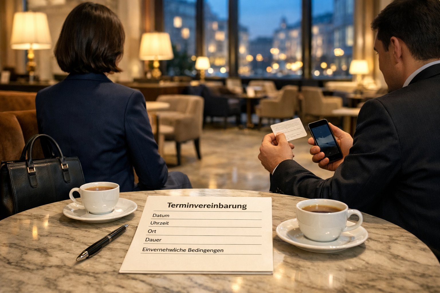 Exklusive Escort Wien Begleitung: Elegante Frau im dunkelblauen Anzug bei vertraulicher Terminplanung in einer Wiener Hotellobby.