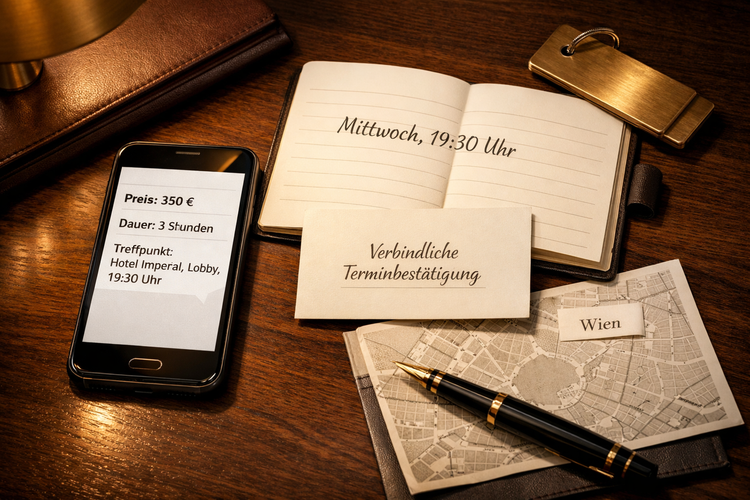 Flache Szene mit Smartphone, Kalender und Wien-Karte; Terminbestätigung „Vienna Begleitung Ihrer Träume.“ im Hotelambiente.