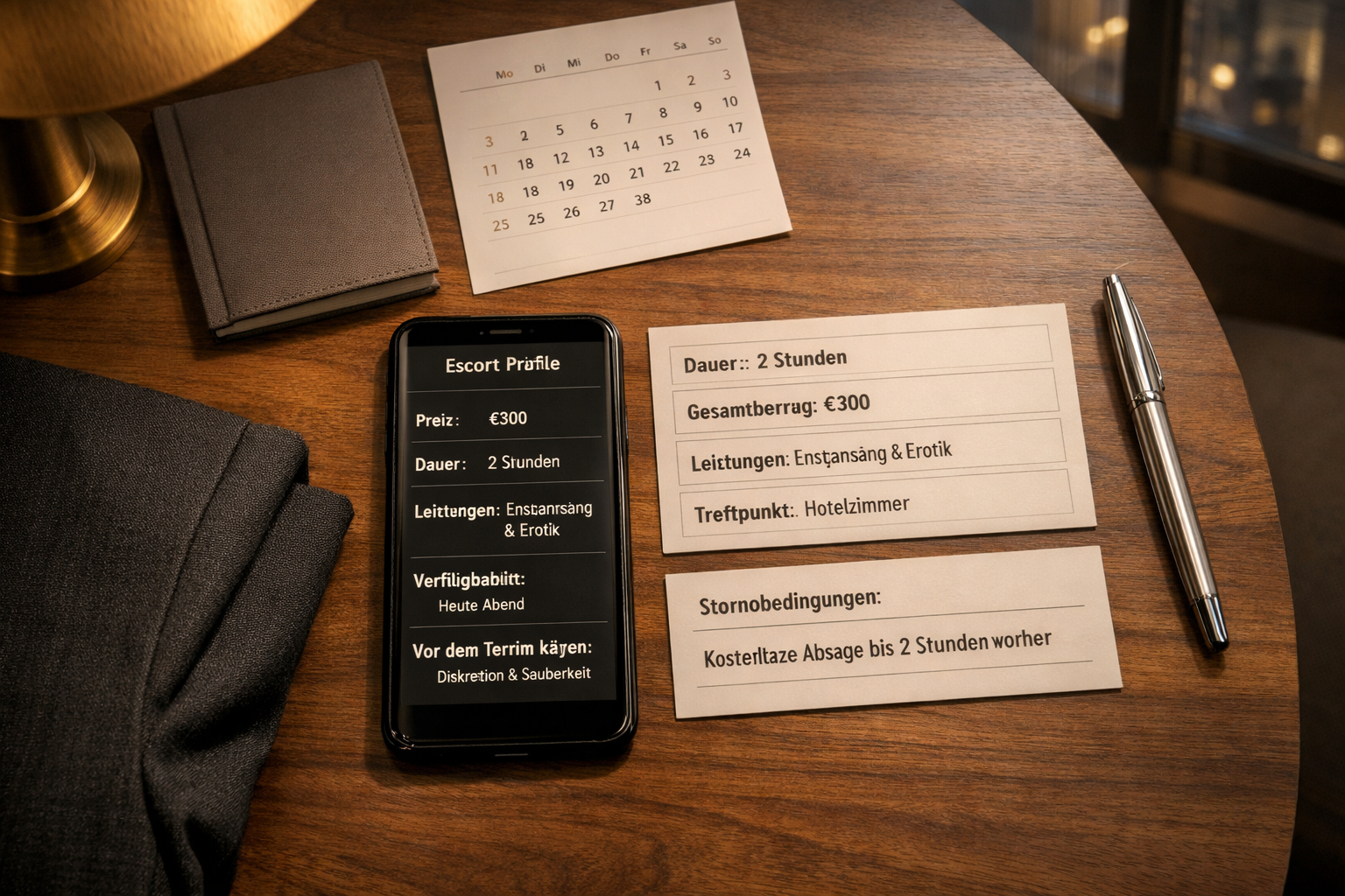 Flache Draufsicht mit Smartphone, deutschen Buchungsdetails, Kalender und Notizbuch in einer Wiener Hotel-Lounge; Erotik kontakten in Österreich.