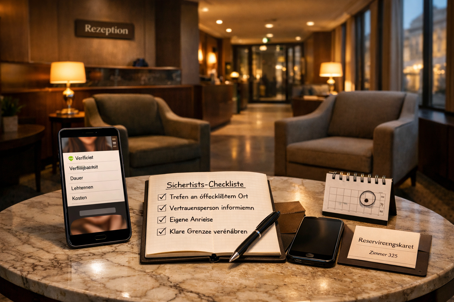 Ruhige Wiener Hotellounge mit Sicherheitscheckliste und Escort-Profil am Smartphone; Erotik kontakten in Österreich.