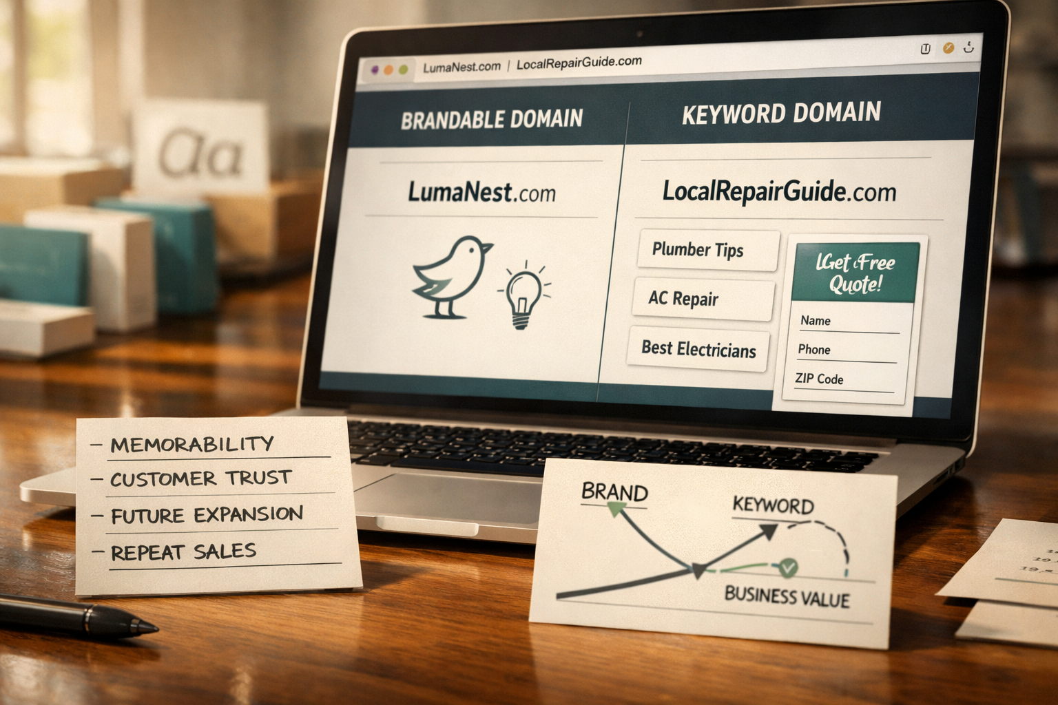Laptop compares brandable domain names vs keyword domains, with strategy notes and a roadmap toward business value.
