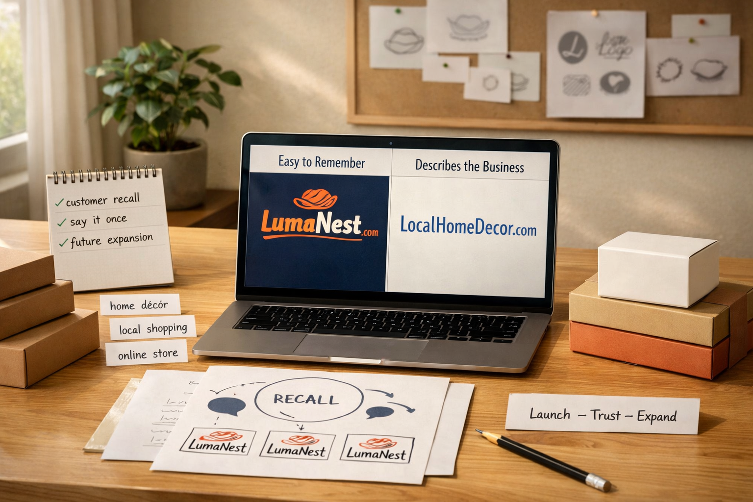 Studio laptop compares LumaNest.com and LocalHomeDecor.com, illustrating brandable domain names vs keyword domains.