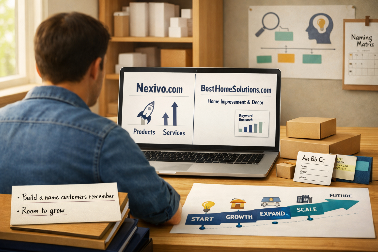 Owner comparing brandable domain names vs keyword domains on a laptop beside growth strategy notes in a warm branding studio.