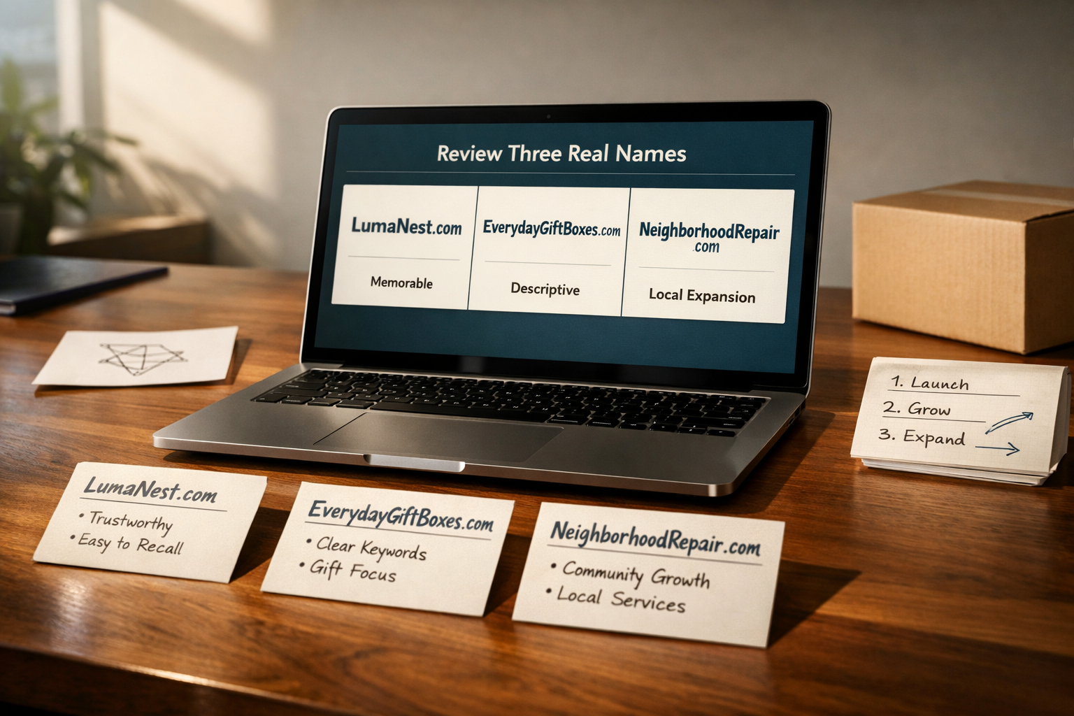 Laptop compares brandable domain names vs keyword domains: LumaNest.com, EverydayGiftBoxes.com, and NeighborhoodRepair.com.
