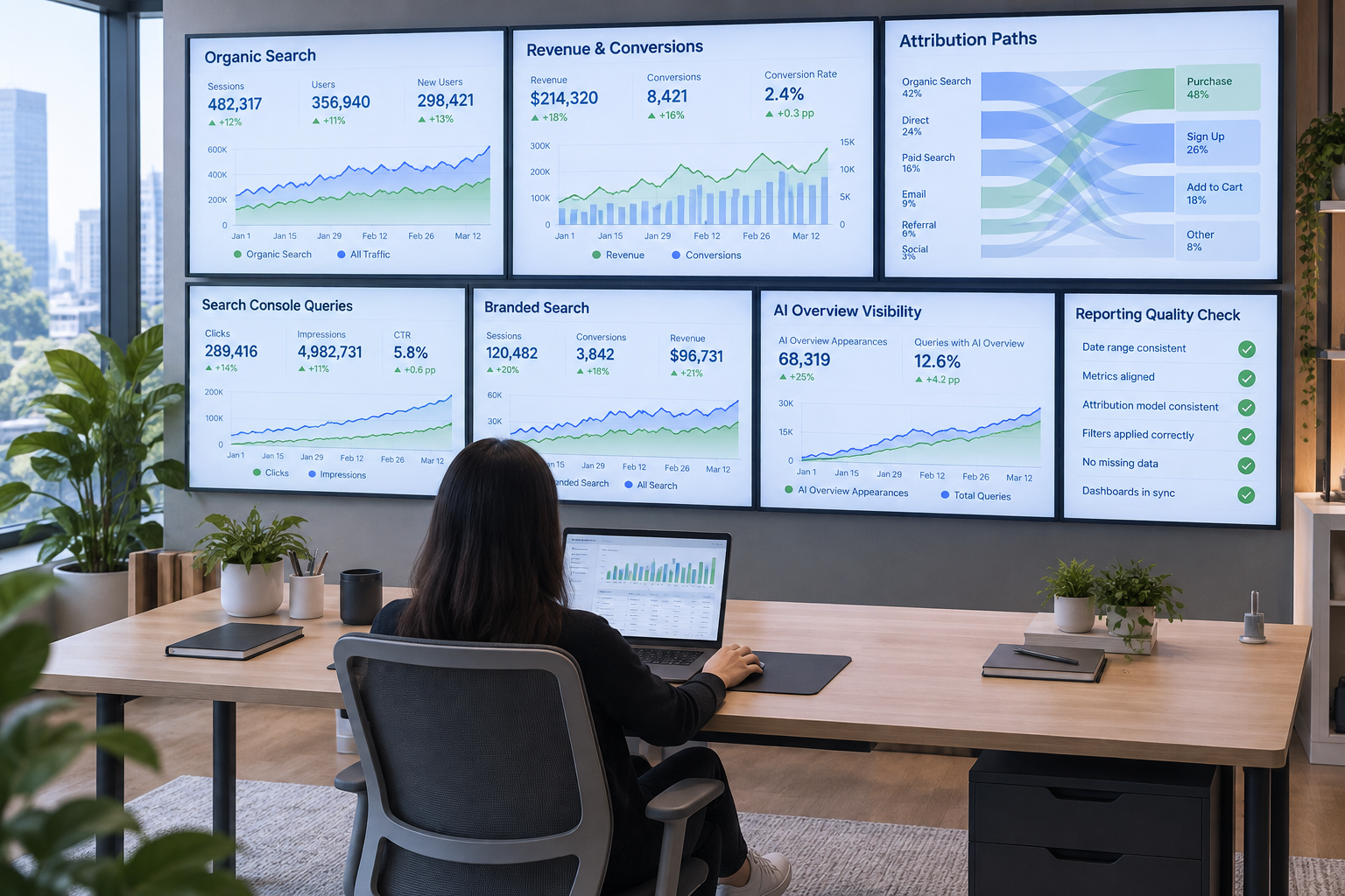 Analyst reviews SEO dashboards tracking organic search, revenue, conversions, attribution paths, and roi and seo performance.