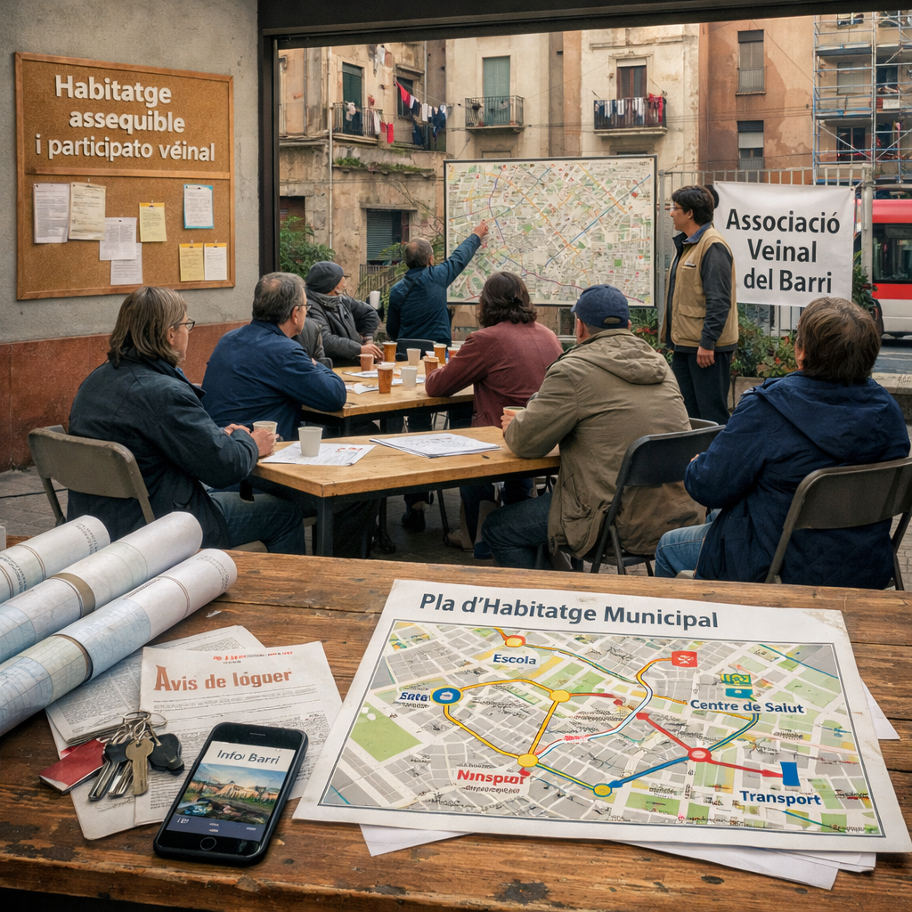 Habitatge: veïns i organitzadors planifiquen rutes d’habitatge assequible al pati d’un equipament cívic barceloní.