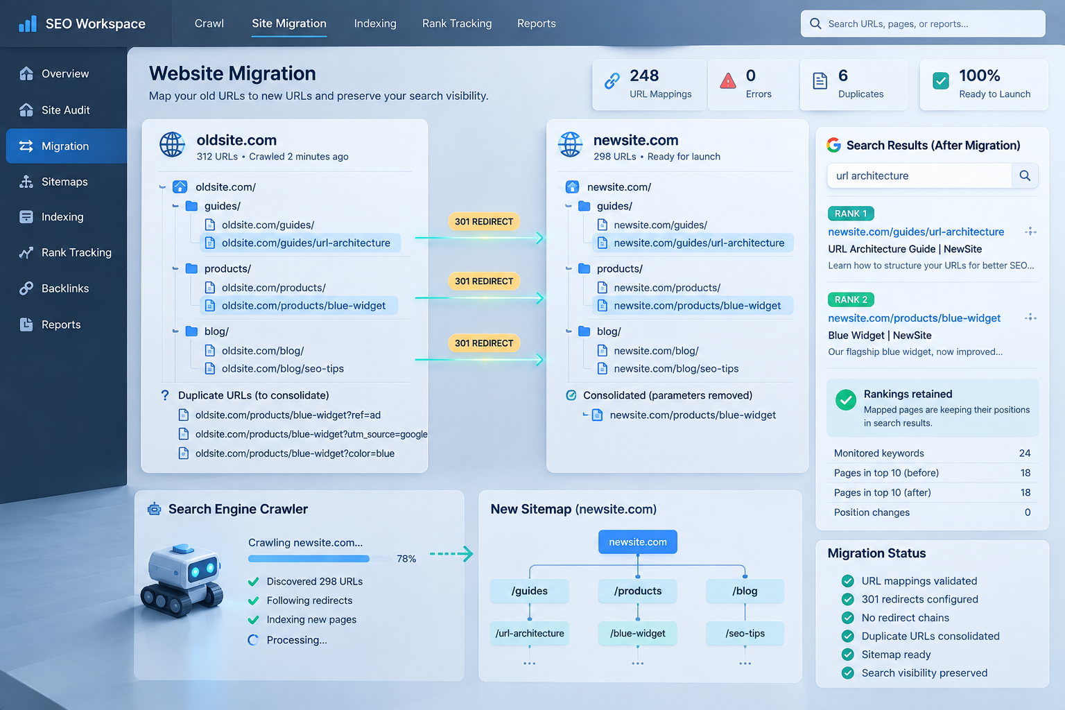 SEO friendly links map oldsite.com URLs to matching newsite.com pages with 301 redirects, crawler, and retained rankings.