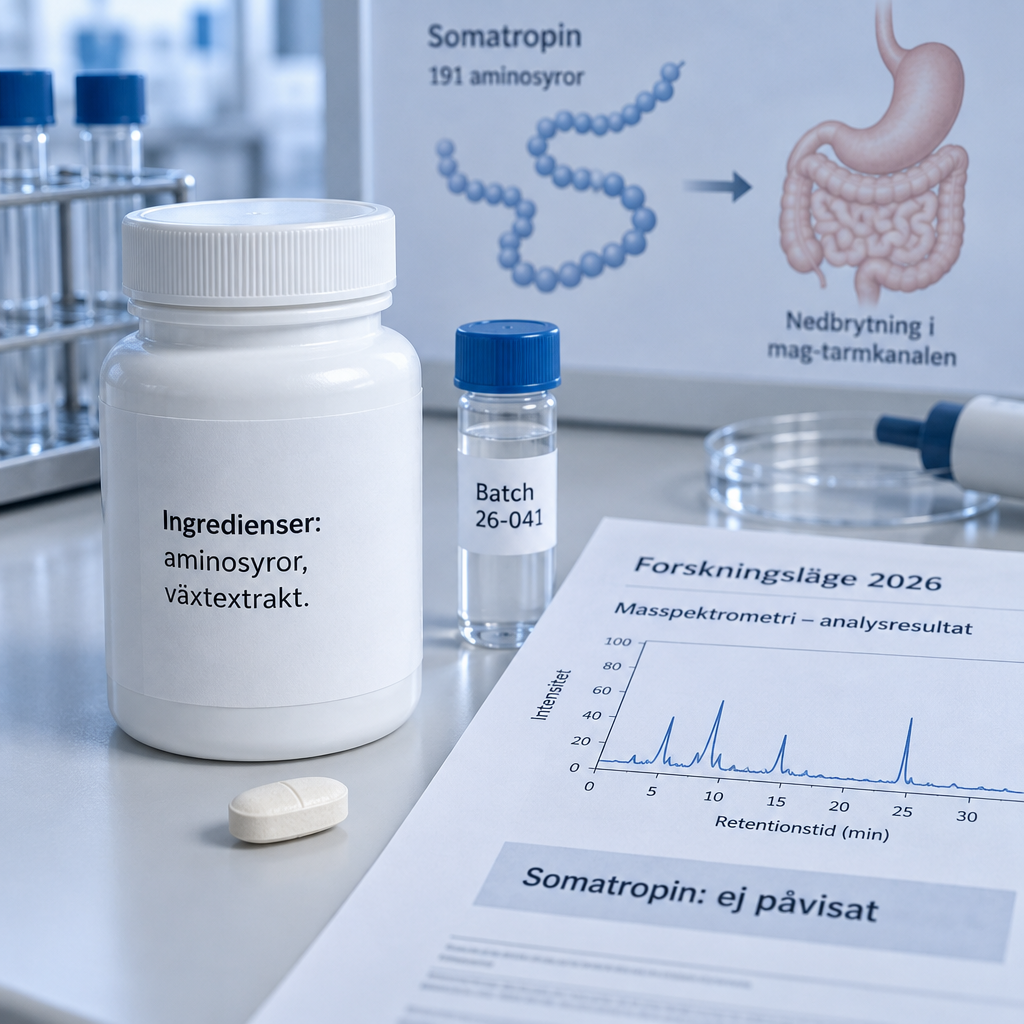 hgh tabletter med ingredienslista på labbänk intill provflaska och analysrapport som visar att somatropin ej påvisats.