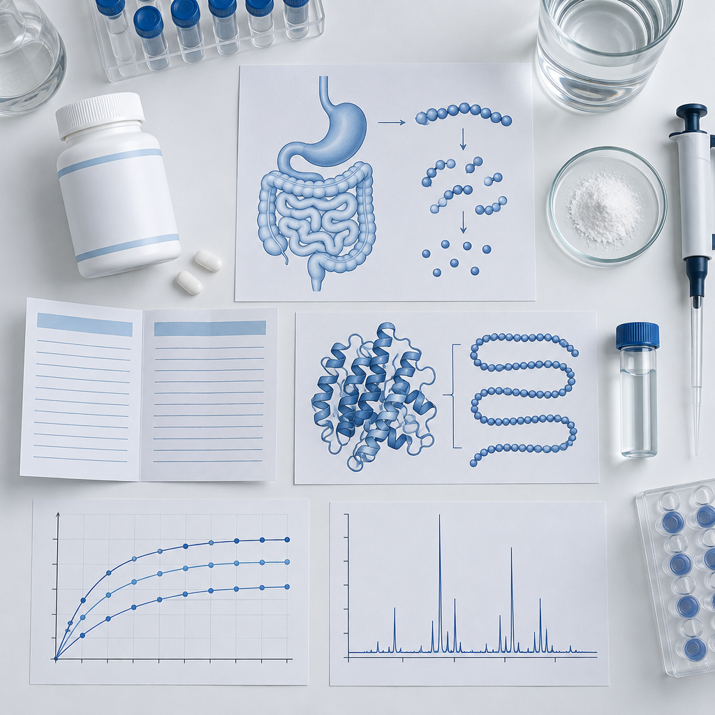 Medicinsk labbvy med piller, hgh tabletter, mag-tarmdiagram, somatropinkedja, provrör och analyskurvor på vit bänk.
