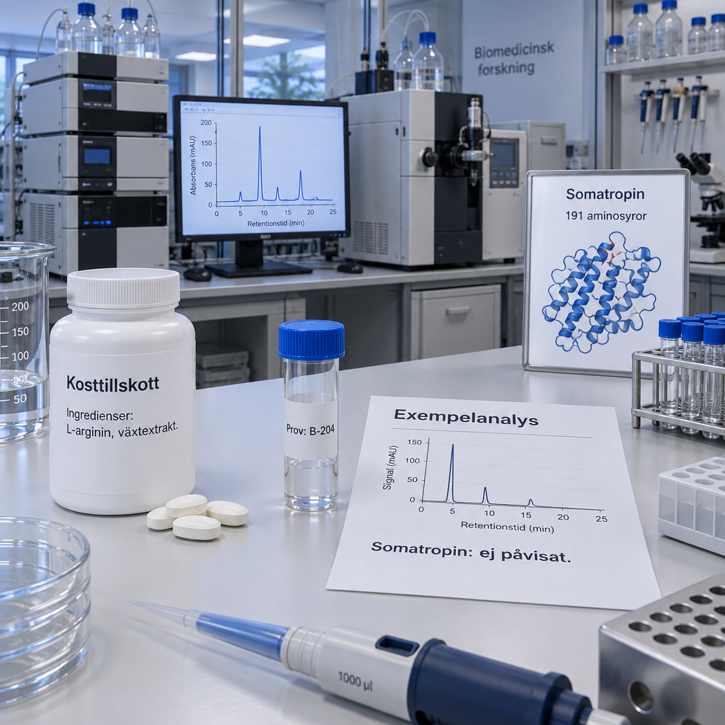 Laboratoriebänk med hgh tabletter, kosttillskott, somatropinmodell och analysrapport som visar att somatropin ej påvisats.