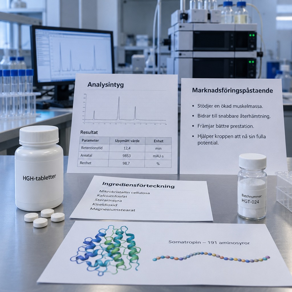 HGH-tabletter på labbänk med ingredienslista, provrör, analysintyg och somatropindiagram i ett rent laboratorium.