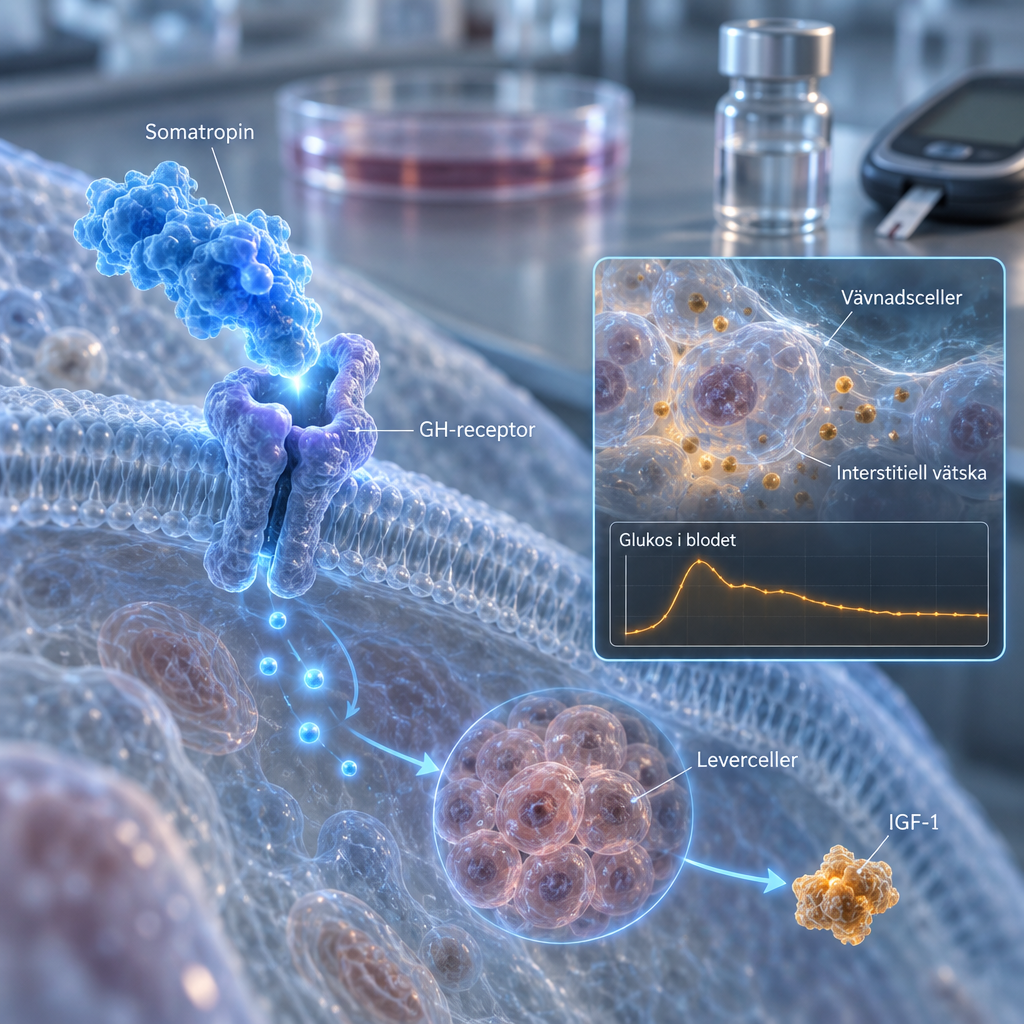 Makrobild av GH-receptor som binder somatropin, med IGF-1-signal, leverceller och glukosspår; saklig illustration av hgh biverkningar.