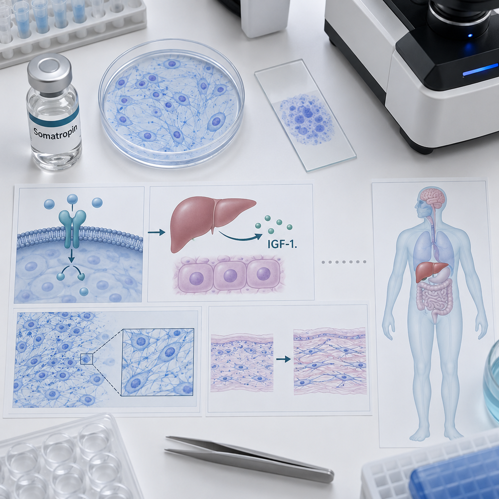 Flatlay med somatropin, cellodling och GH-receptor–IGF‑1-diagram; prickad linje visar kunskapsgap om hgh biverkningar.