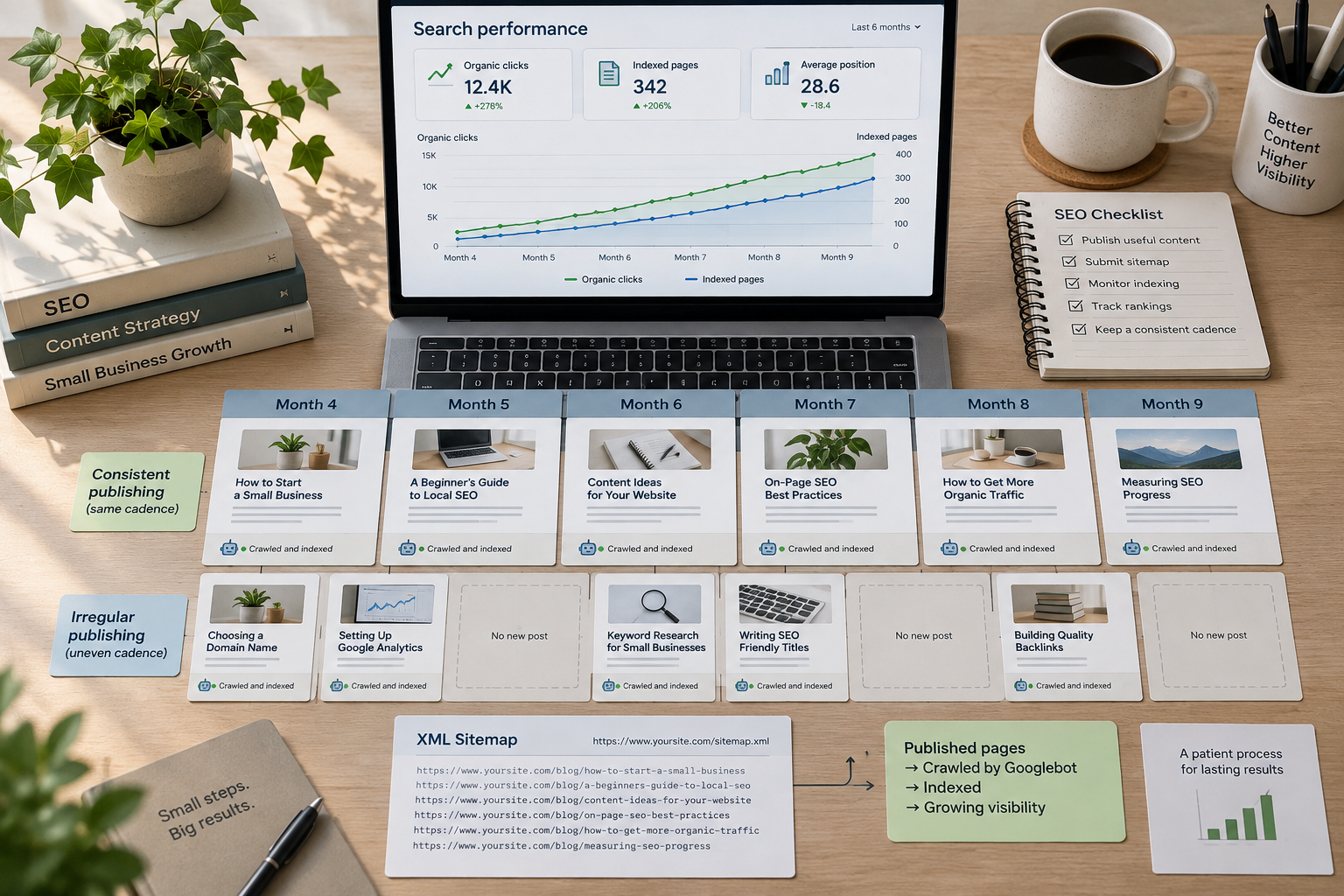 Overhead SEO workspace with a rising search dashboard and two publishing timelines illustrating how long does seo take.
