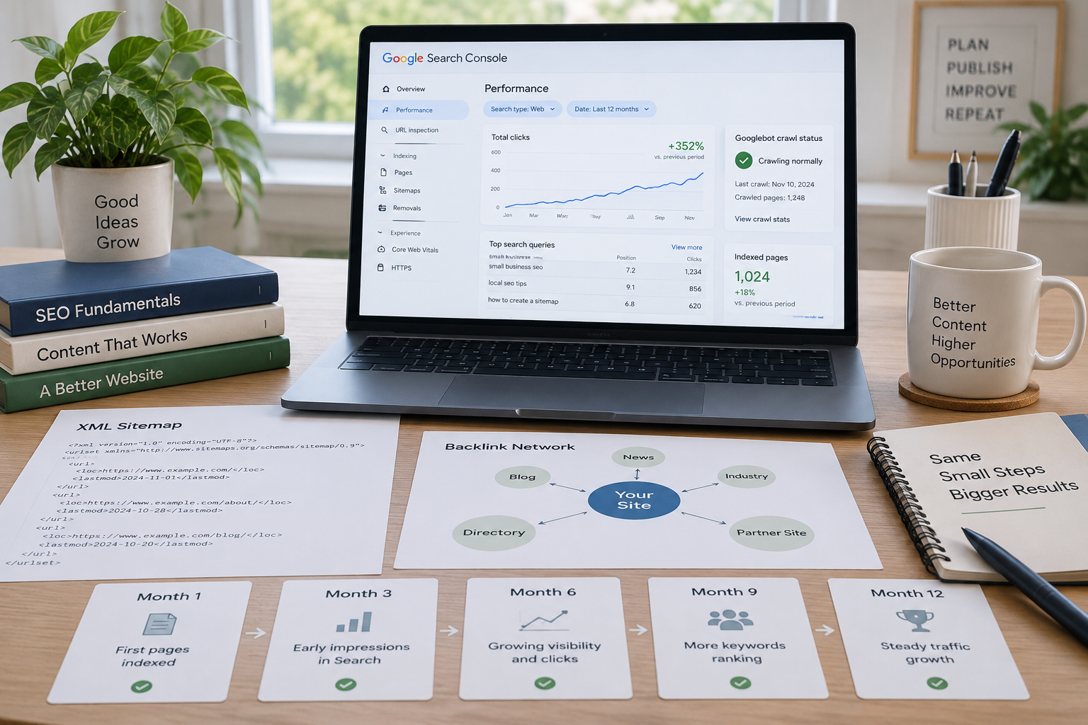 SEO workspace showing a gradual ranking climb, month-by-month milestones, sitemap, and backlink diagram—how long does SEO take in practice.